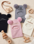 Personalised Embroidery Baby Pom Pom Ear Knitted Beanie & Neck Warmer, Custom Name Newborn Winter Hat, Kid Infant Birthday, Christening Gift