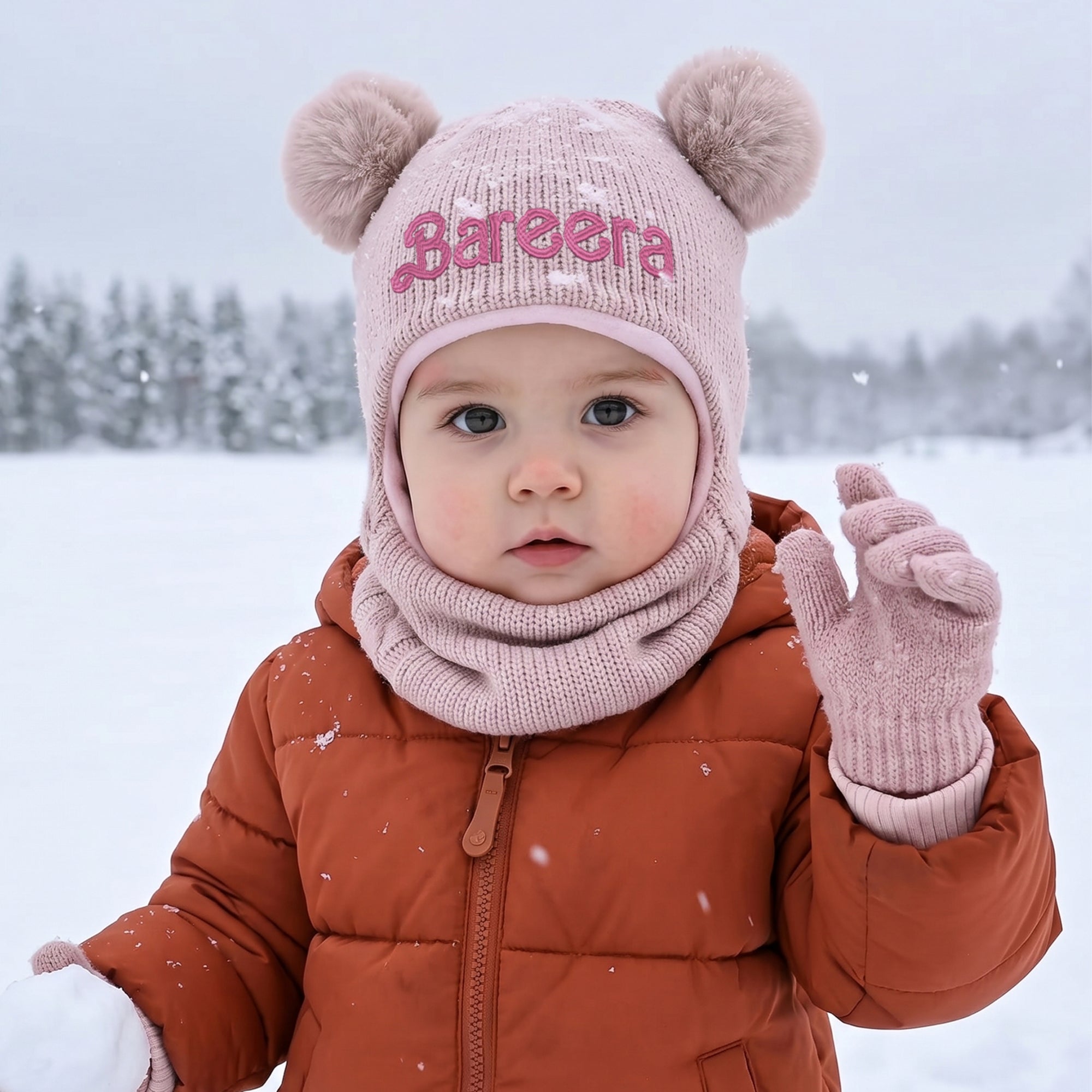 Personalised Embroidery Baby Pom Pom Ear Knitted Beanie &amp; Neck Warmer, Custom Name Newborn Winter Hat, Kid Infant Birthday, Christening Gift