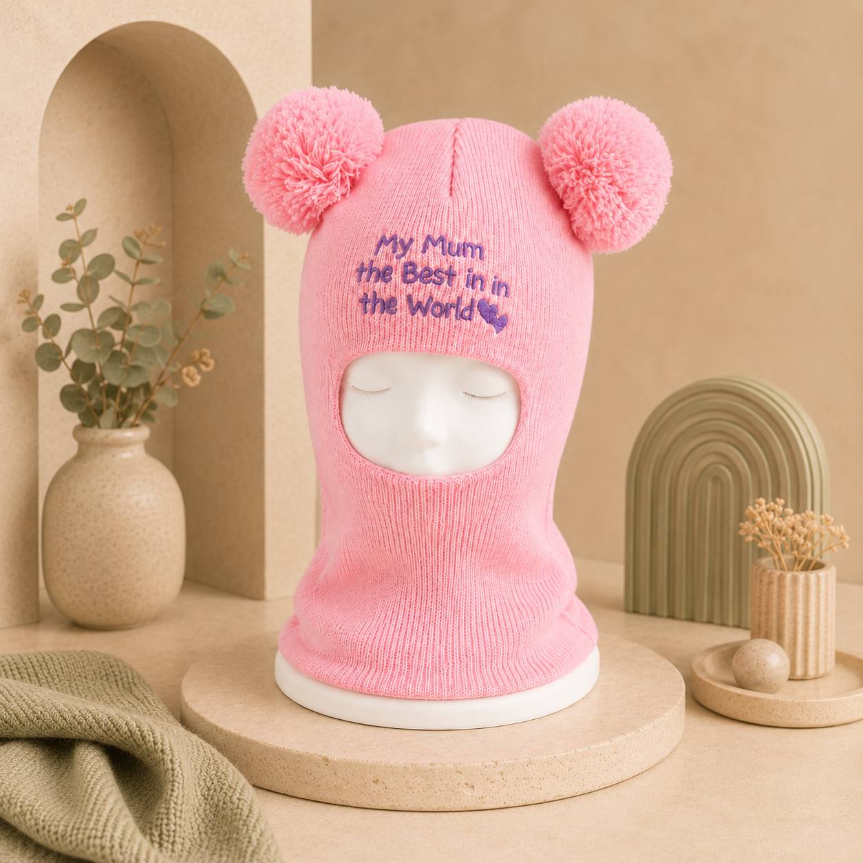 Personalised Embroidery Baby Pom Pom Ear Knitted Beanie &amp; Neck Warmer, Custom Name Newborn Winter Hat, Kid Infant Birthday, Christening Gift