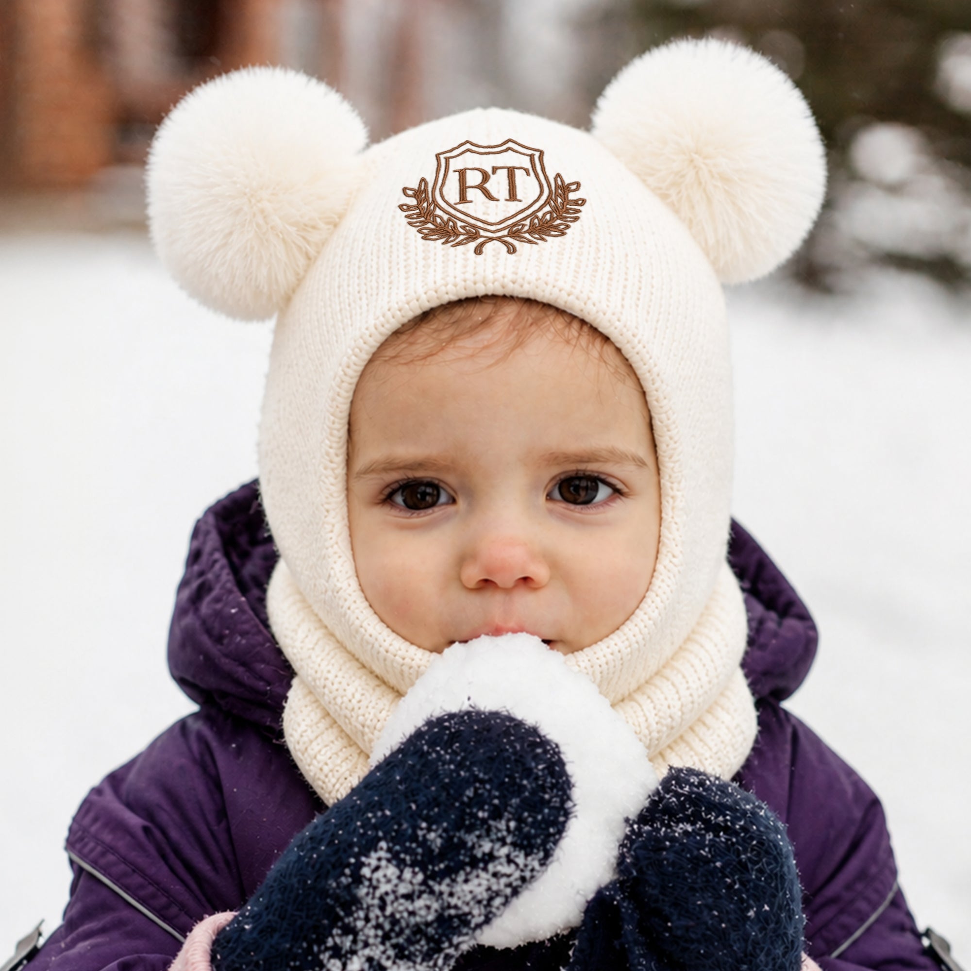 Personalised Embroidery Baby Pom Pom Ear Knitted Beanie &amp; Neck Warmer, Custom Name Newborn Winter Hat, Kid Infant Birthday, Christening Gift
