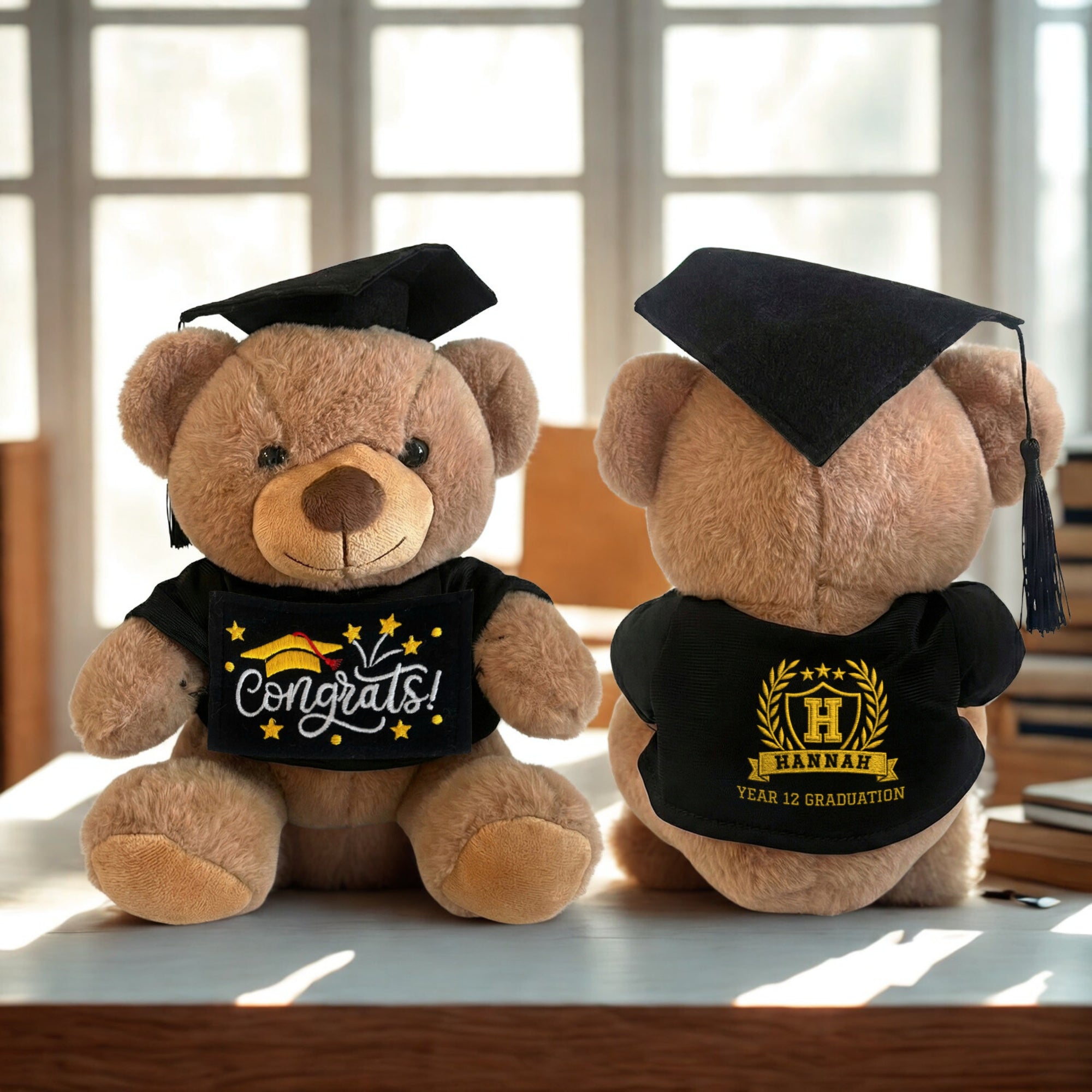 Personalised Embroidery Graduation Teddy &amp; Congrats Sign, Custom Cap &amp; Gown Bear, Kid, Preschool/ Year 6/ 12/ University Plush Keepsake Gift
