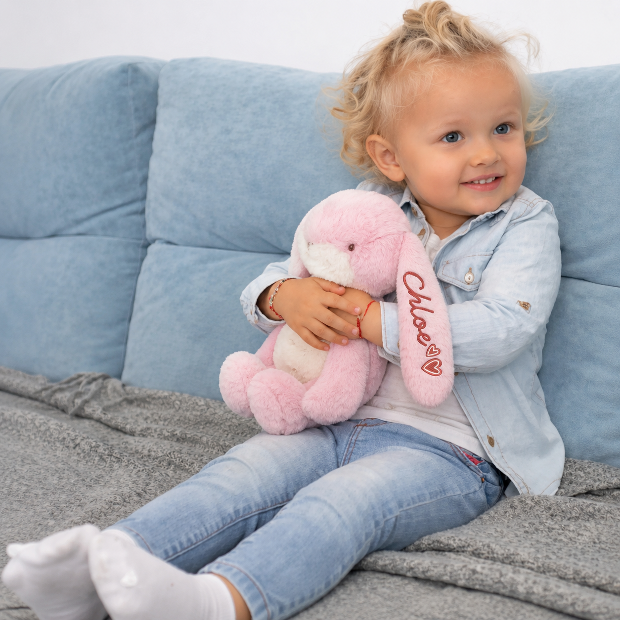 Personalised Embroidery Plush Floppy Bunny, Custom Name Date Sleep Snuggles Cuddly Rabbit Soft Toy, Toddler Christening Birthday Shower Gift