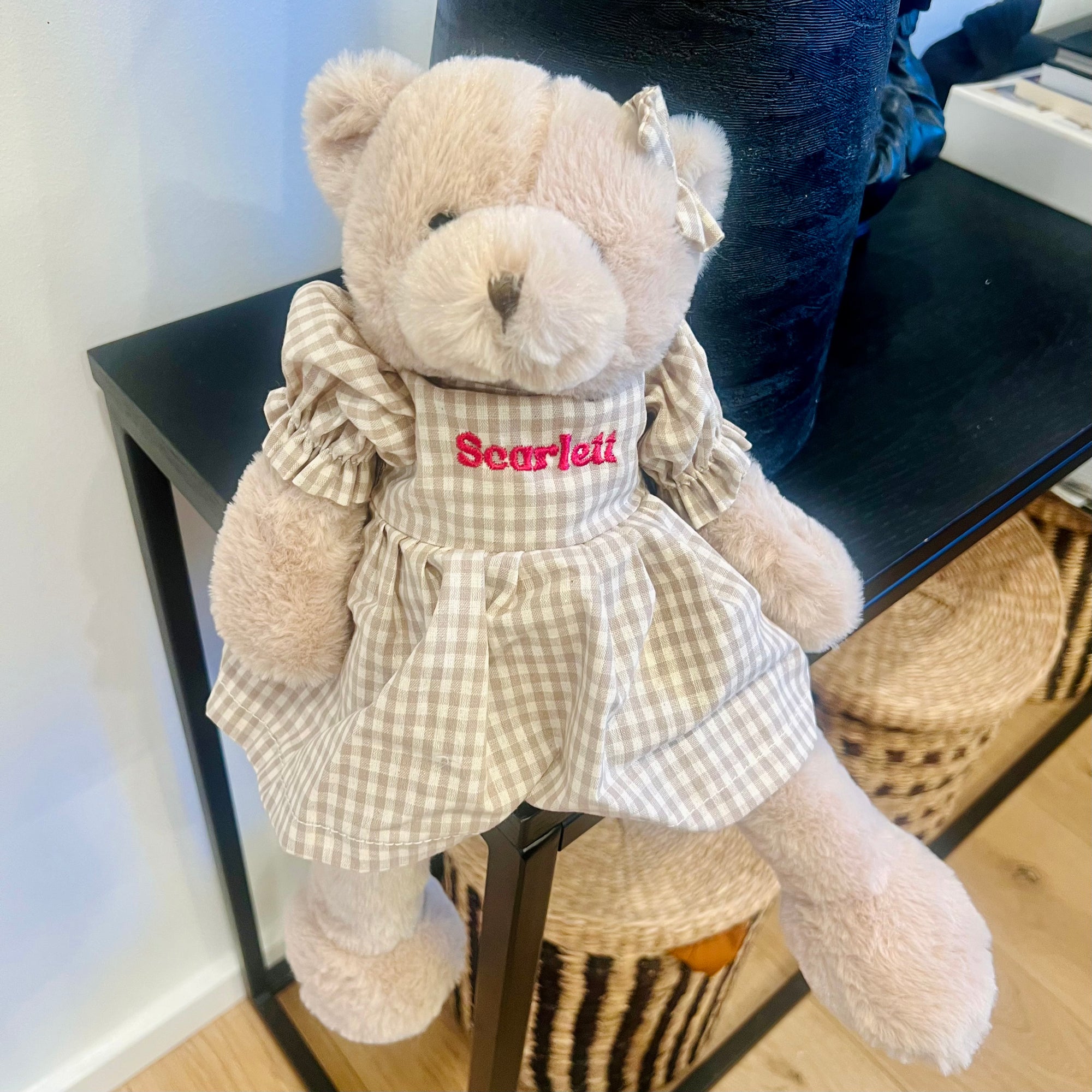 Personalised Embroidery Teddy Bear in Dress, Custom Embroidered Snuggle Plush Toy, Baby Shower Birthday, Mum Daughter Sisters Keepsake Gift
