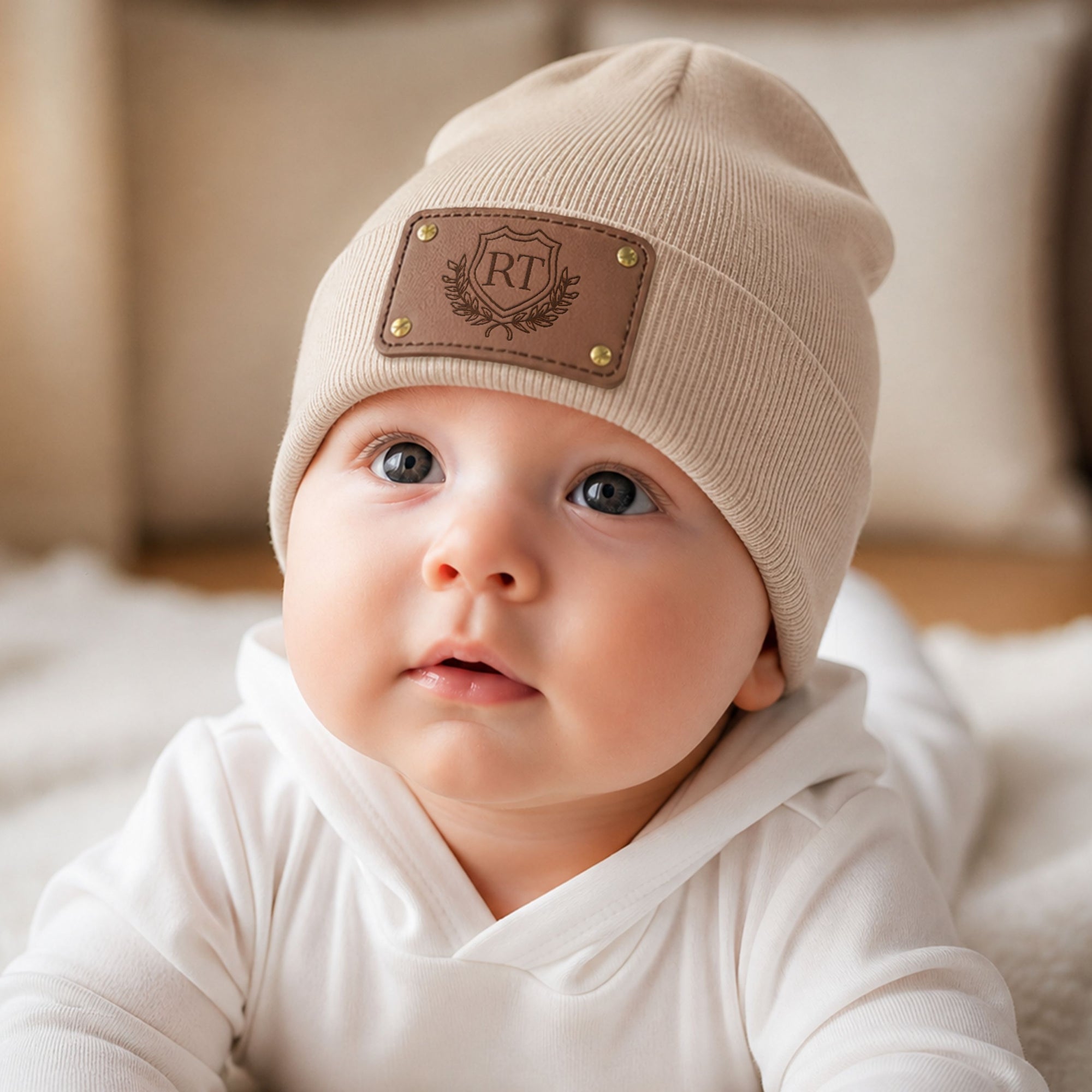 Personalised Engraved Leatherette Patch Baby Knitted Beanie, Custom Name Newborn Winter Hat, Kid Infant Cap, First Birthday Christening Gift