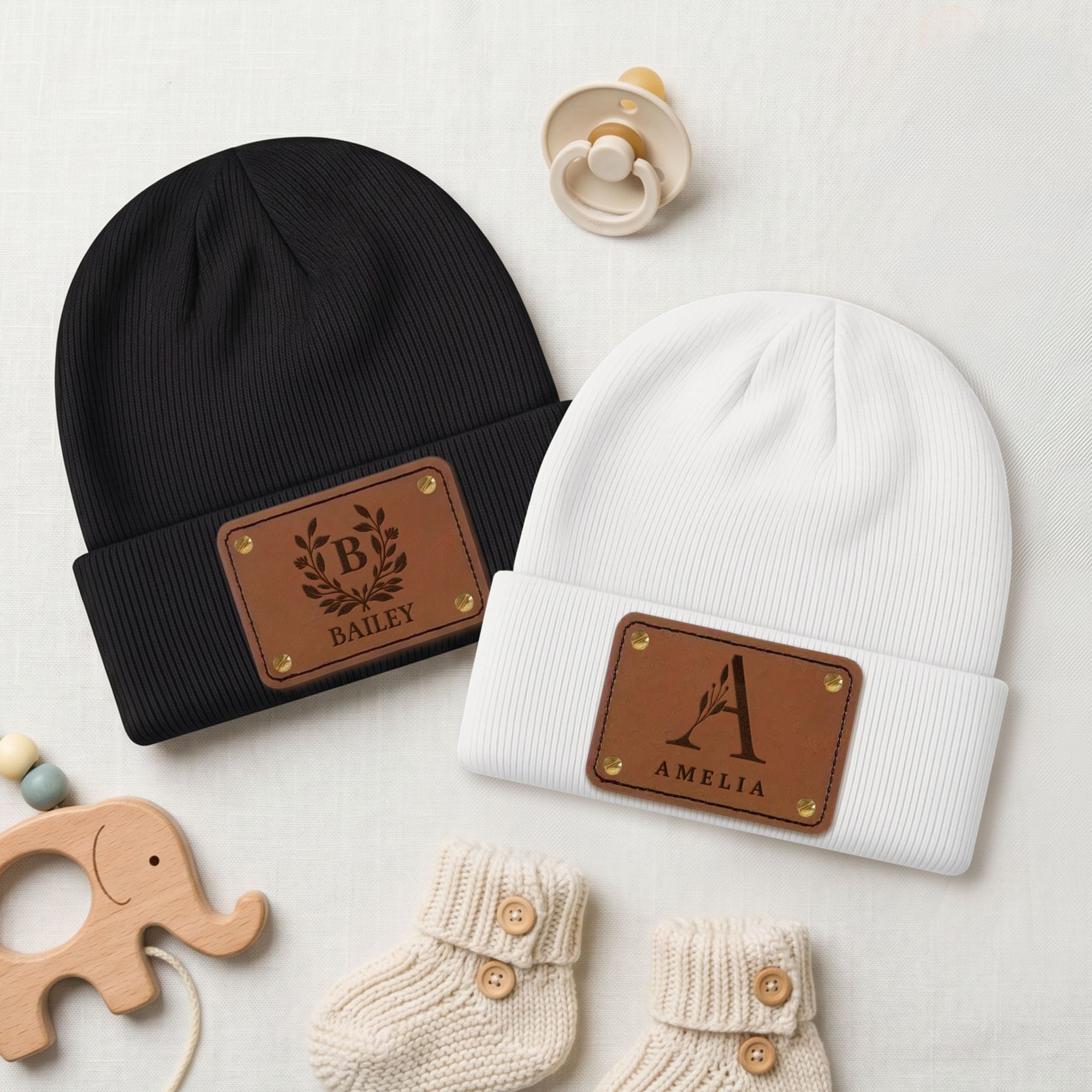 Personalised Engraved Leatherette Patch Baby Knitted Beanie, Custom Name Newborn Winter Hat, Kid Infant Cap, First Birthday Christening Gift