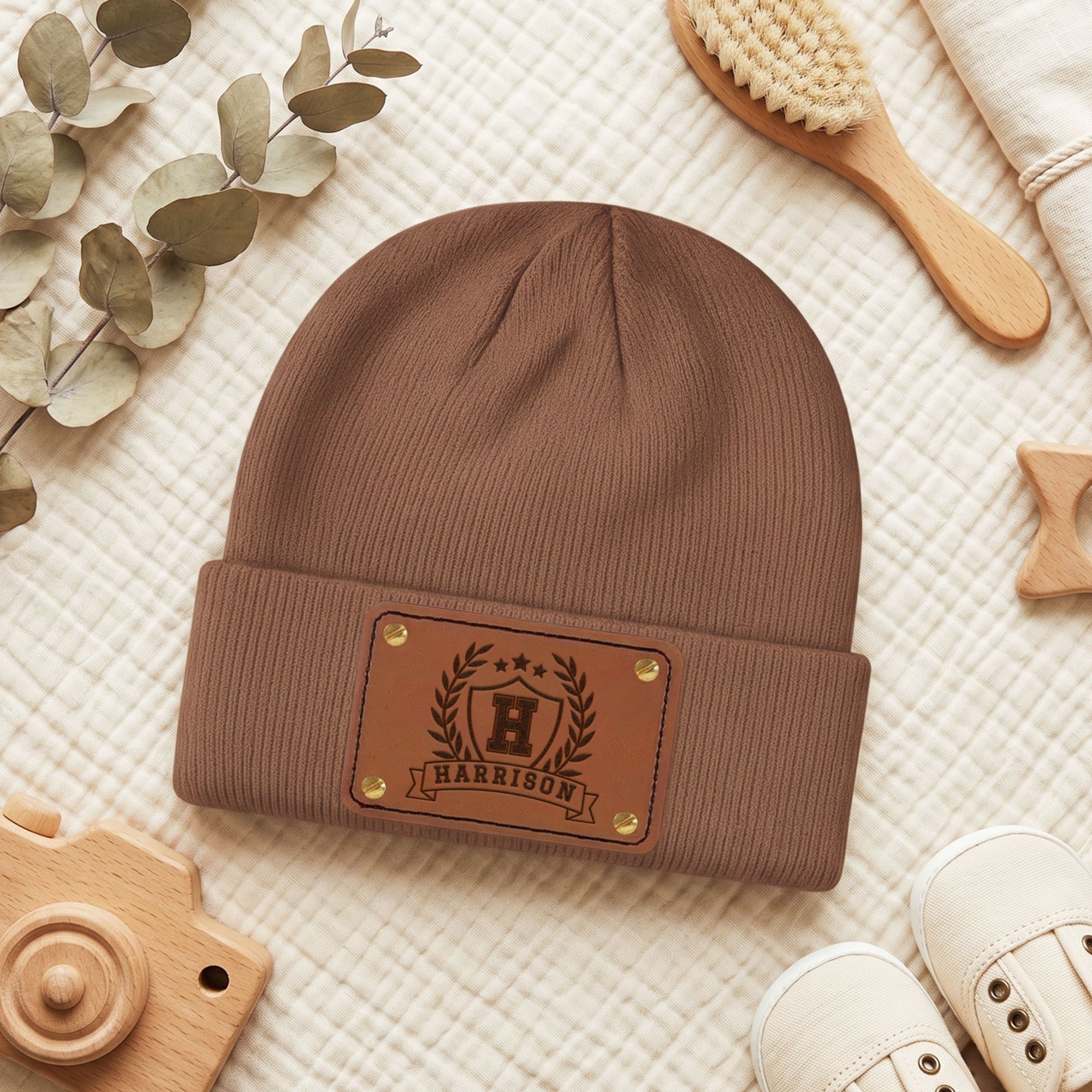 Personalised Engraved Leatherette Patch Baby Knitted Beanie, Custom Name Newborn Winter Hat, Kid Infant Cap, First Birthday Christening Gift