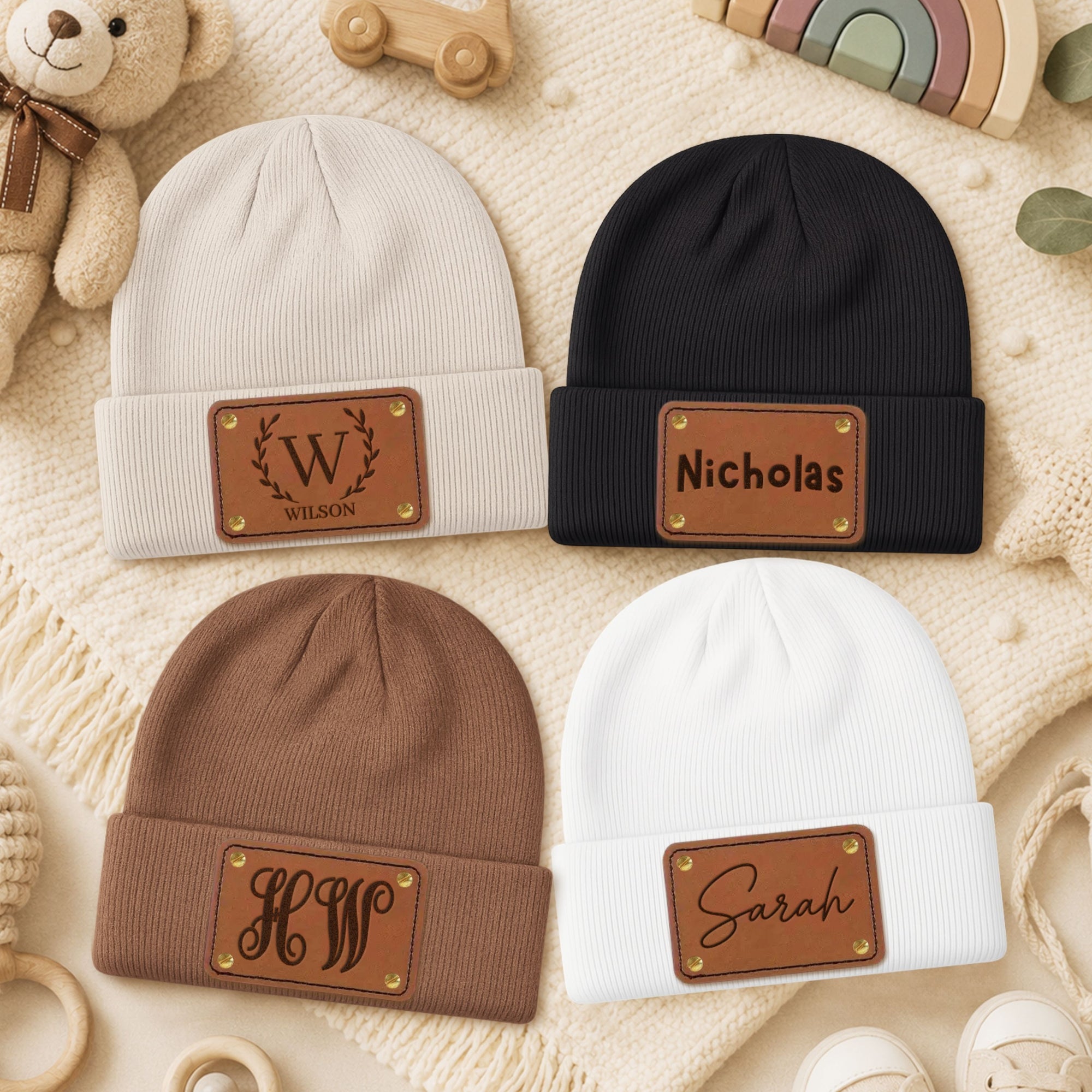 Personalised Engraved Leatherette Patch Baby Knitted Beanie, Custom Name Newborn Winter Hat, Kid Infant Cap, First Birthday Christening Gift