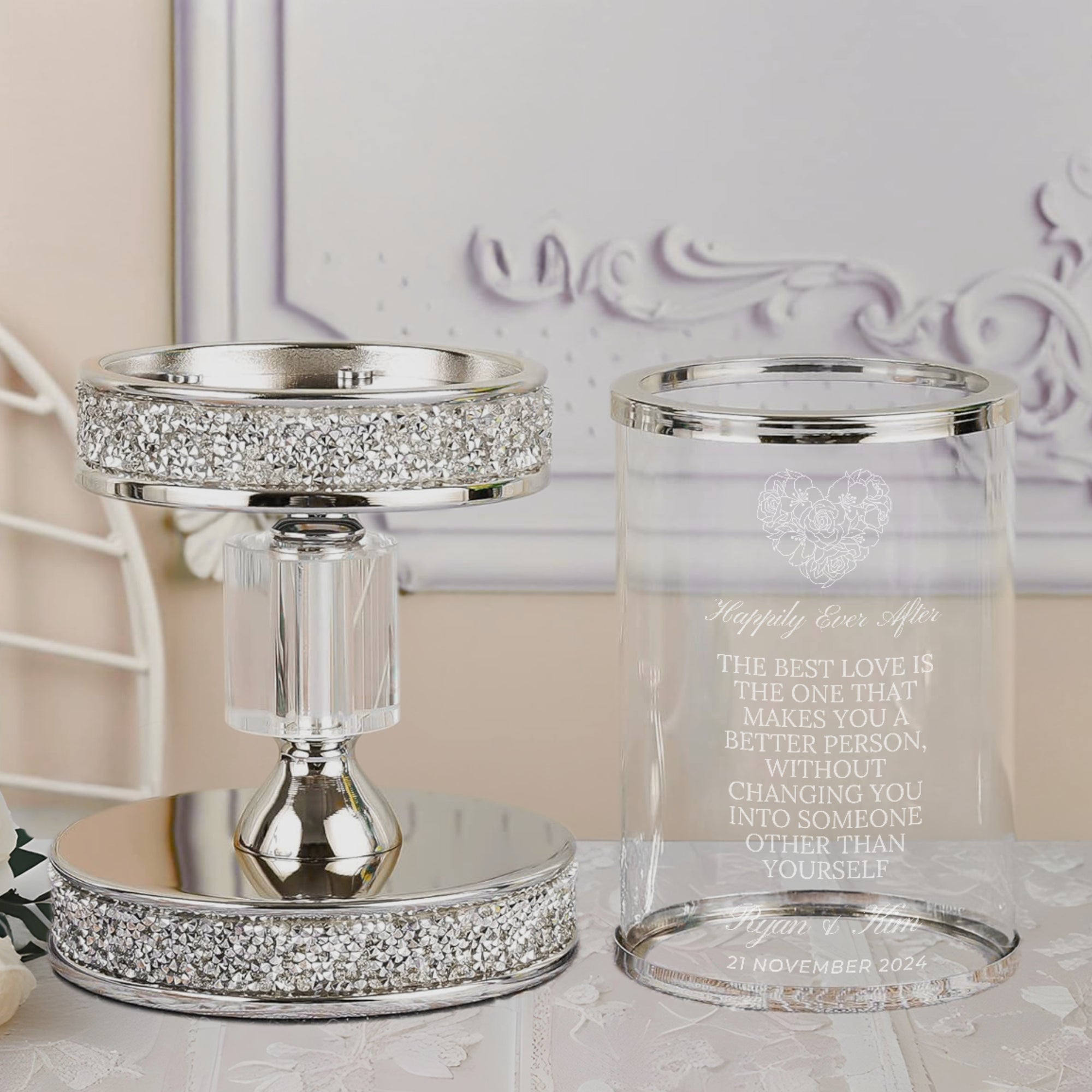 Personalised Engraved Metallic Silver Glass Unity Candles & Holders Set, Custom Wedding Ceremony Engagement Union, Baptism Anniversary Gift