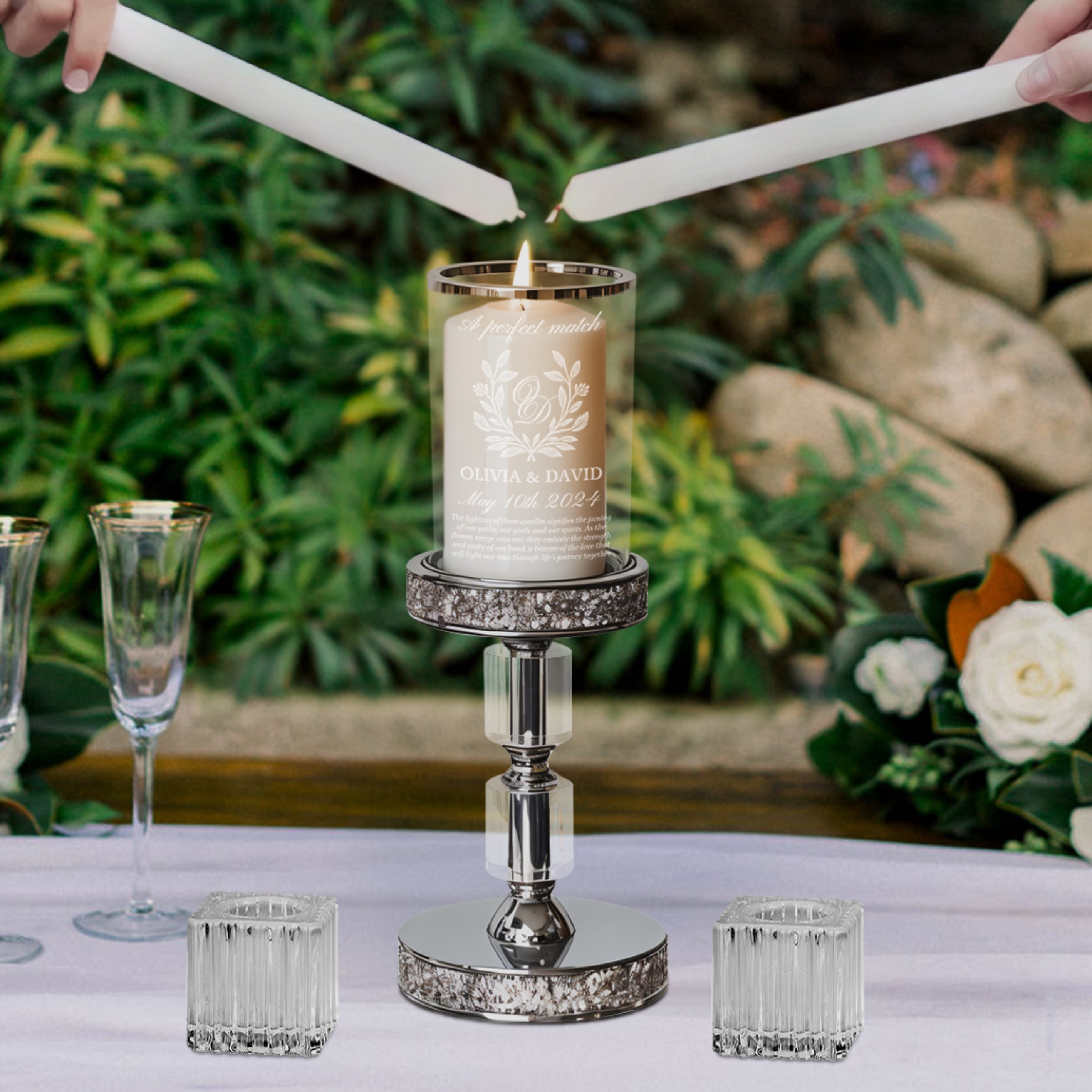 Personalised Engraved Metallic Silver Glass Unity Candles Holders Set Custom Wedding Ceremony Engagement Union Baptism Anniversary Gift Yoonek Gifts