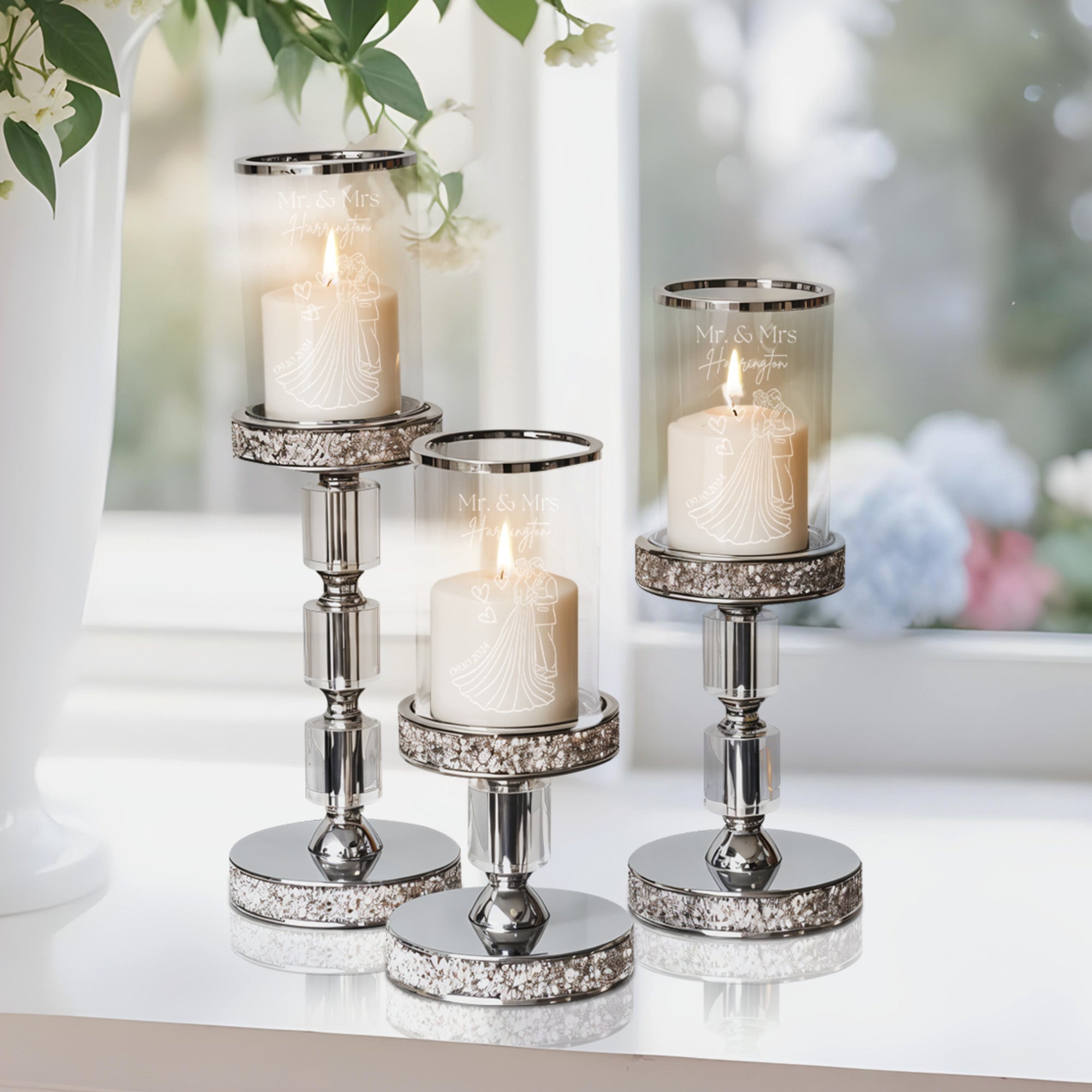 Personalised Engraved Metallic Silver Glass Unity Candles &amp; Holders Set, Custom Wedding Ceremony Engagement Union, Baptism Anniversary Gift