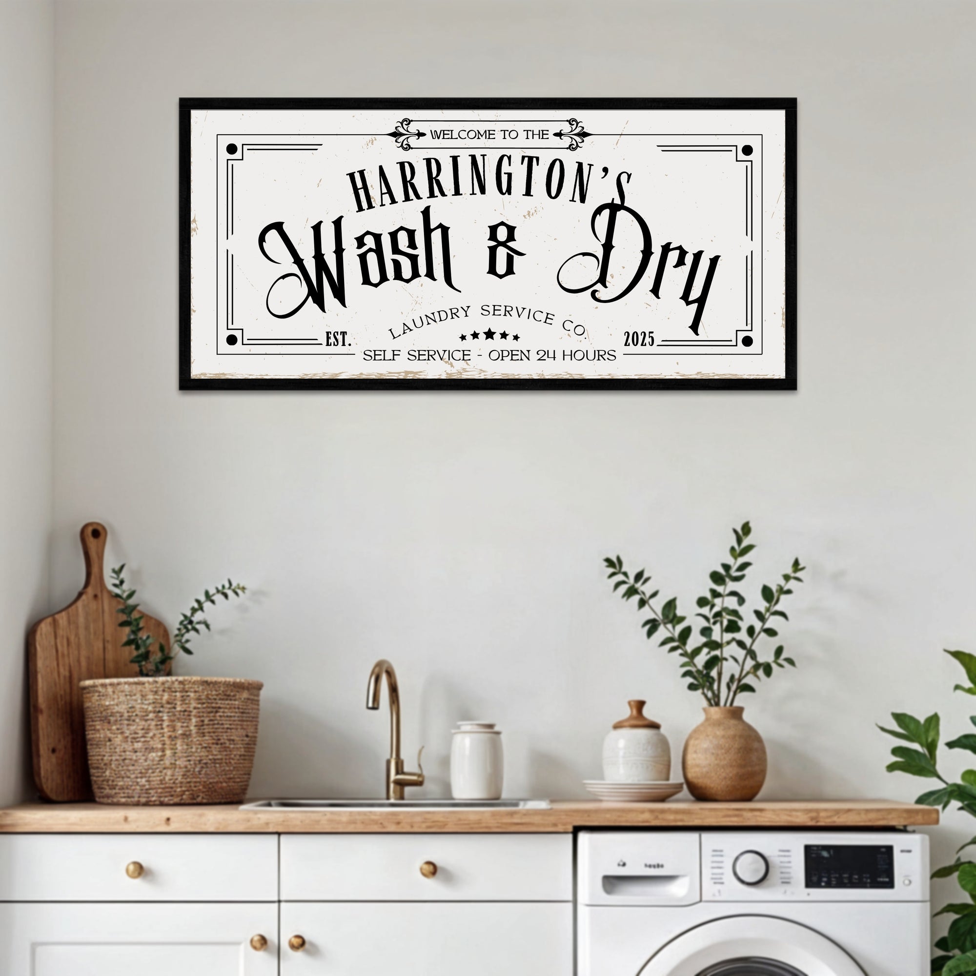 Personalised Family Name Farmhouse Rustic Sign | Custom UV Print Wash & Dry Wooden Frame Wall Decor, Laundry Room Signage, Housewarming Gift