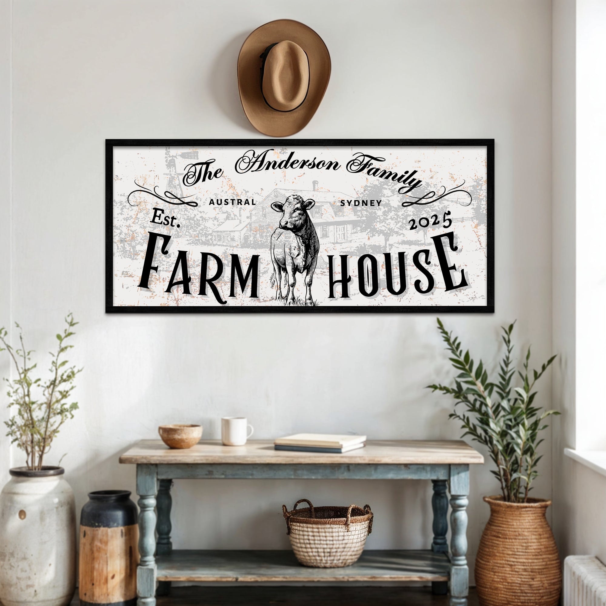 Personalised Family Name Farmhouse Rustic Sign | Custom UV Print Wooden Frame Wall Decor, Cattle Ranch Homestead Signage, Housewarming Gift