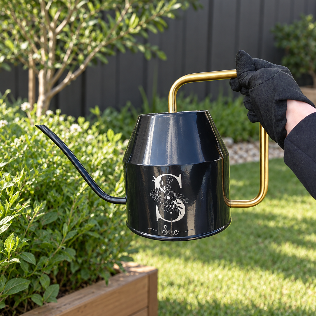 Personalised Garden 2L Black Watering Can, Custom Engraved Flower Plant Tool, Teacher, Anni, Housewarming Wedding Birthday Dad Mum Xmas Gift