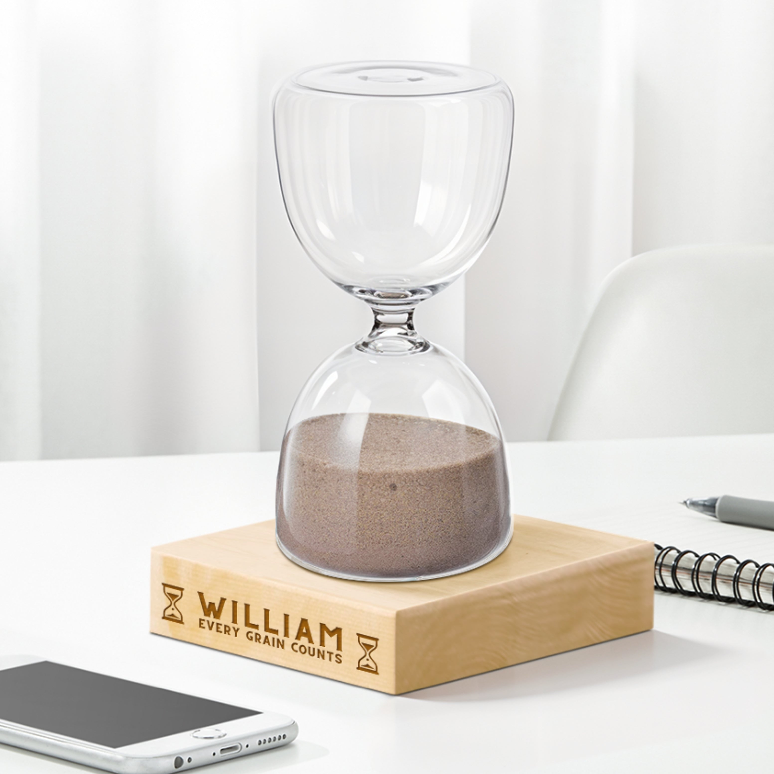 Personalised Glass Hourglass Timer & Wooden Base, Custom Engraved Sand ...