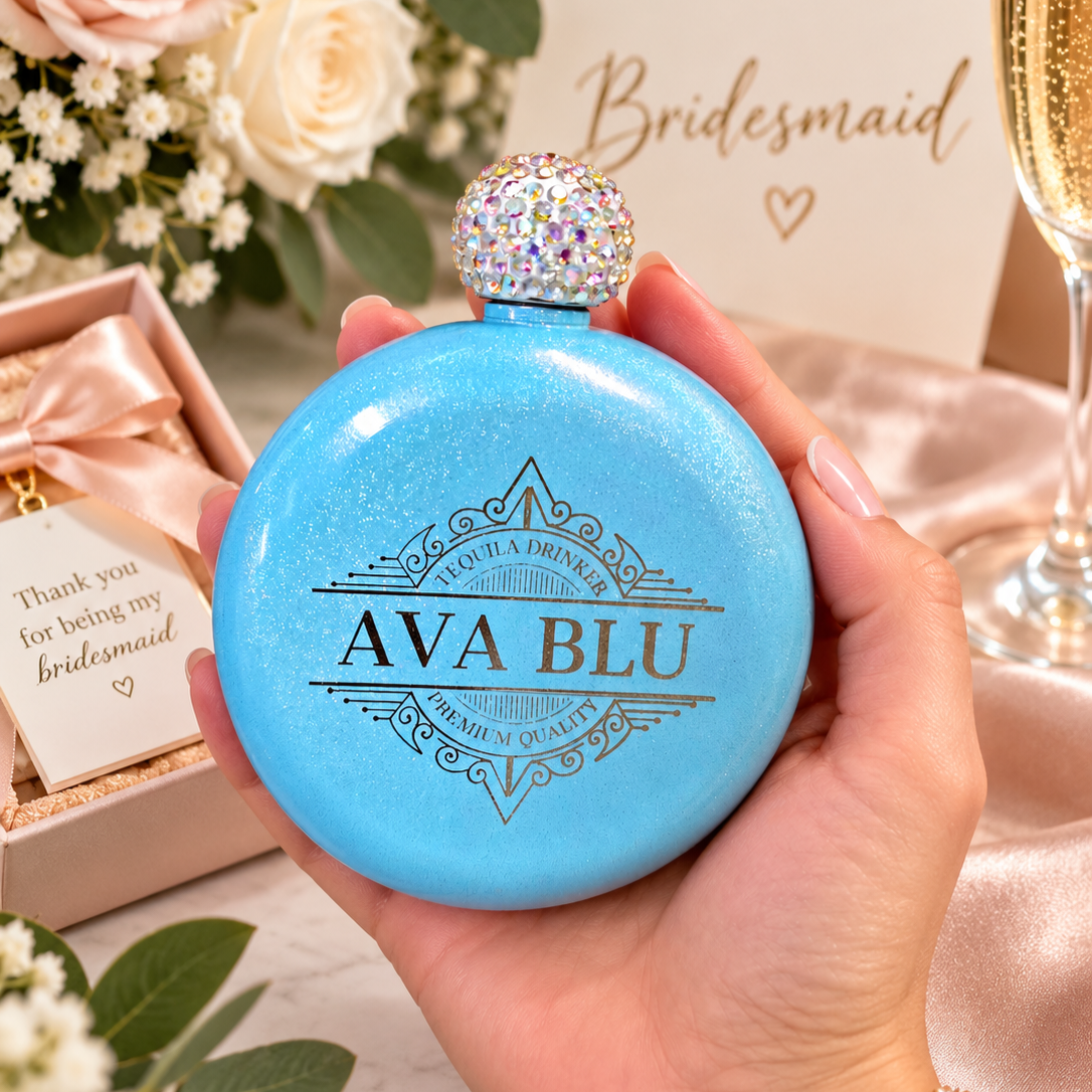 Personalised Glitter Round Hip Flask, Engraved 5oz Flask with Rhinestone Lid, Bridesmaid Proposal Gift, Hens Party Gift, Custom Gift for Her