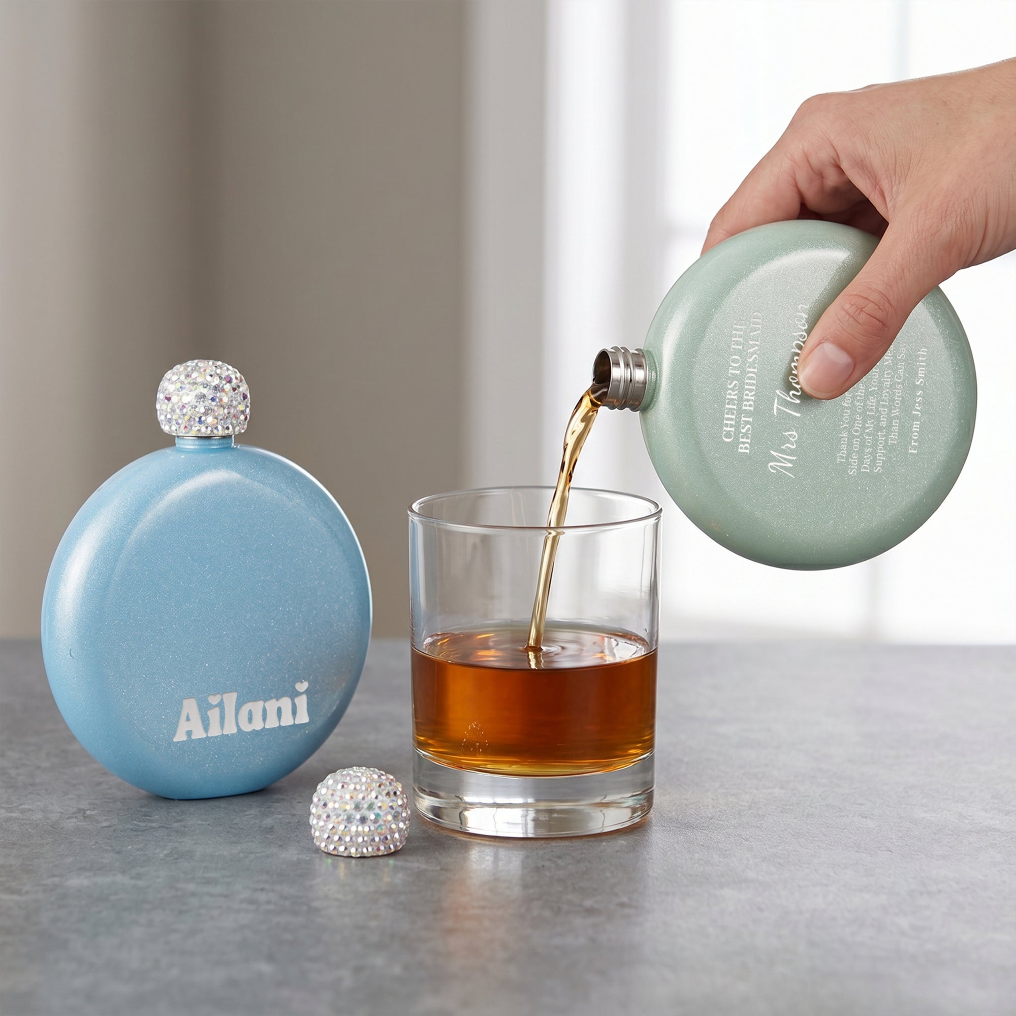 Personalised Glitter Round Hip Flask, Engraved 5oz Flask with Rhinestone Lid, Bridesmaid Proposal Gift, Hens Party Gift, Custom Gift for Her
