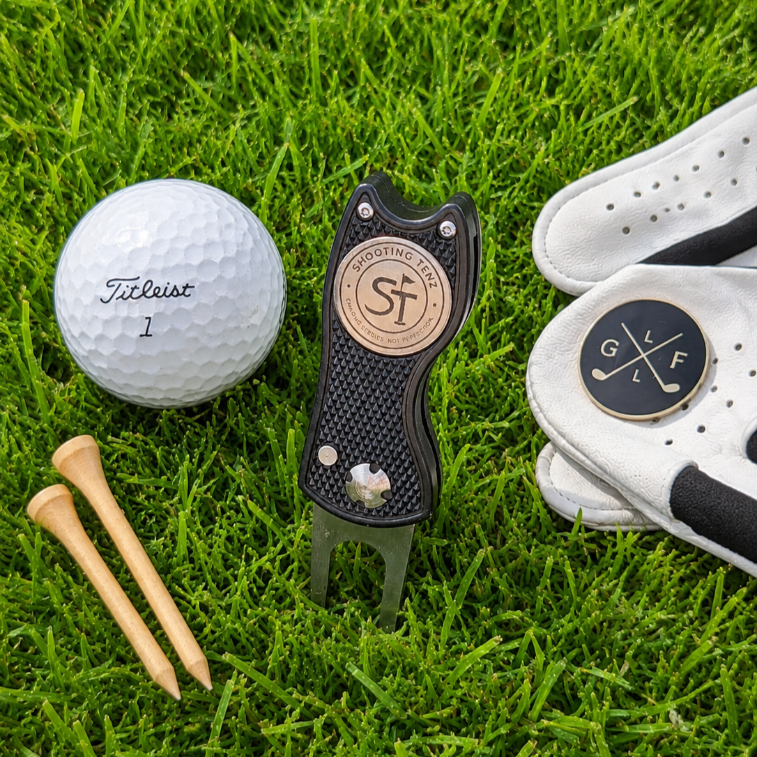 Personalised Golf Divot Tool &amp; Magnetic Ball Marker, Custom Engraved Metal Pitch Repair, Golfer Dad Birthday, Groomsmen, Logo Corporate Gift