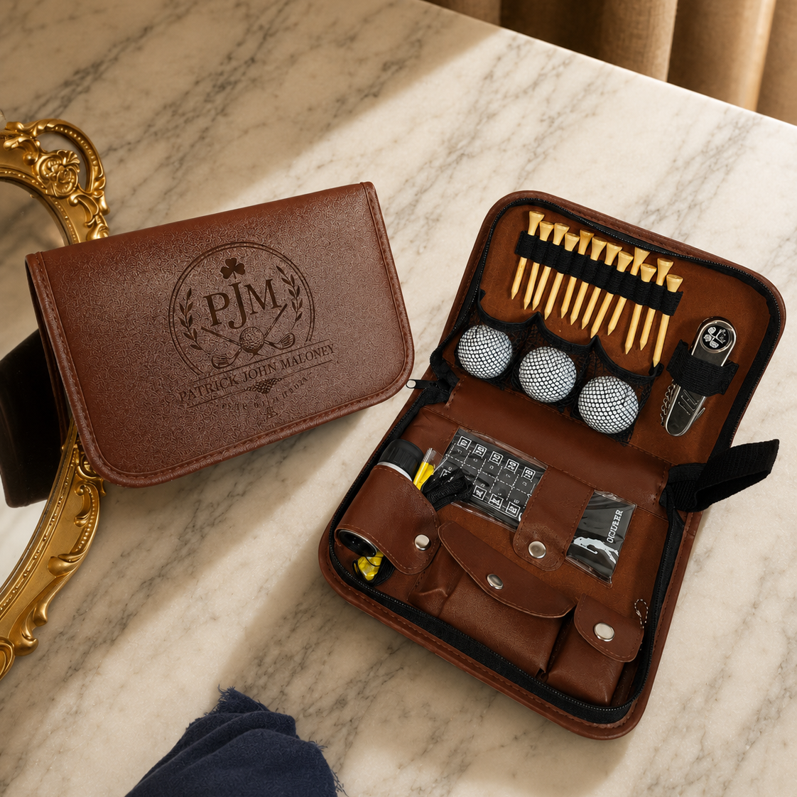 Personalised Golf Essentials Kit, Custom Engraved Leatherette Balls, Tees, Divot tool, Brush, Rangefinder Accessories Set Dad Groomsman Gift