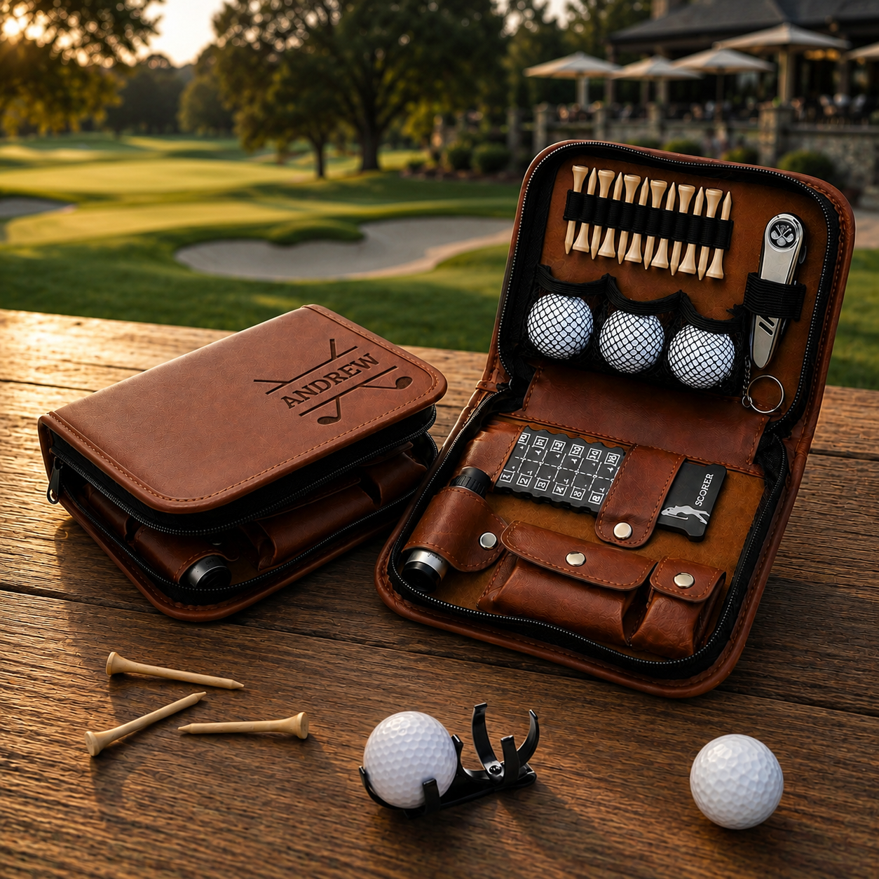 Personalised Golf Essentials Kit, Custom Engraved Leatherette Balls, Tees, Divot tool, Brush, Rangefinder Accessories Set Dad Groomsman Gift