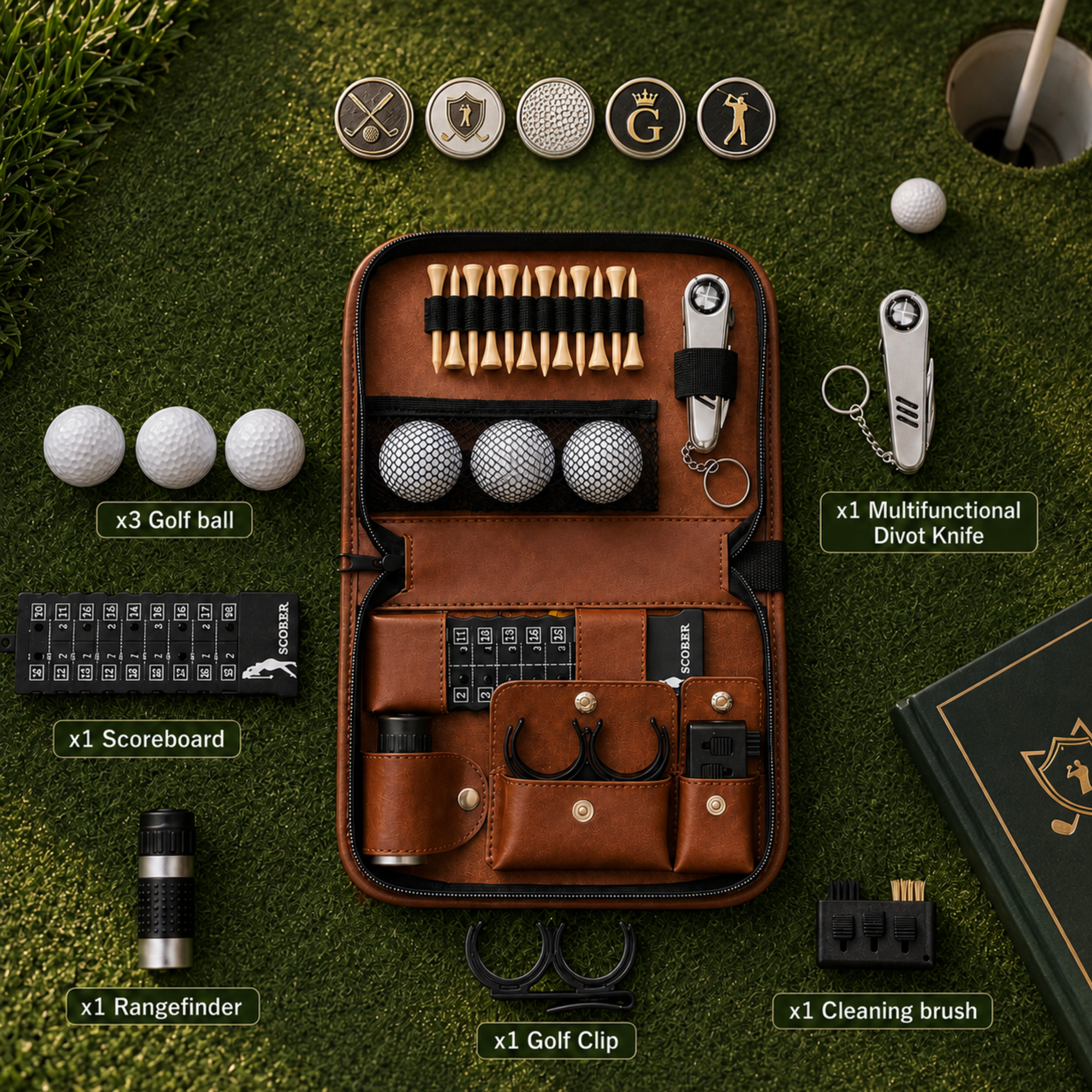 Personalised Golf Essentials Kit, Custom Engraved Leatherette Balls, Tees, Divot tool, Brush, Rangefinder Accessories Set Dad Groomsman Gift