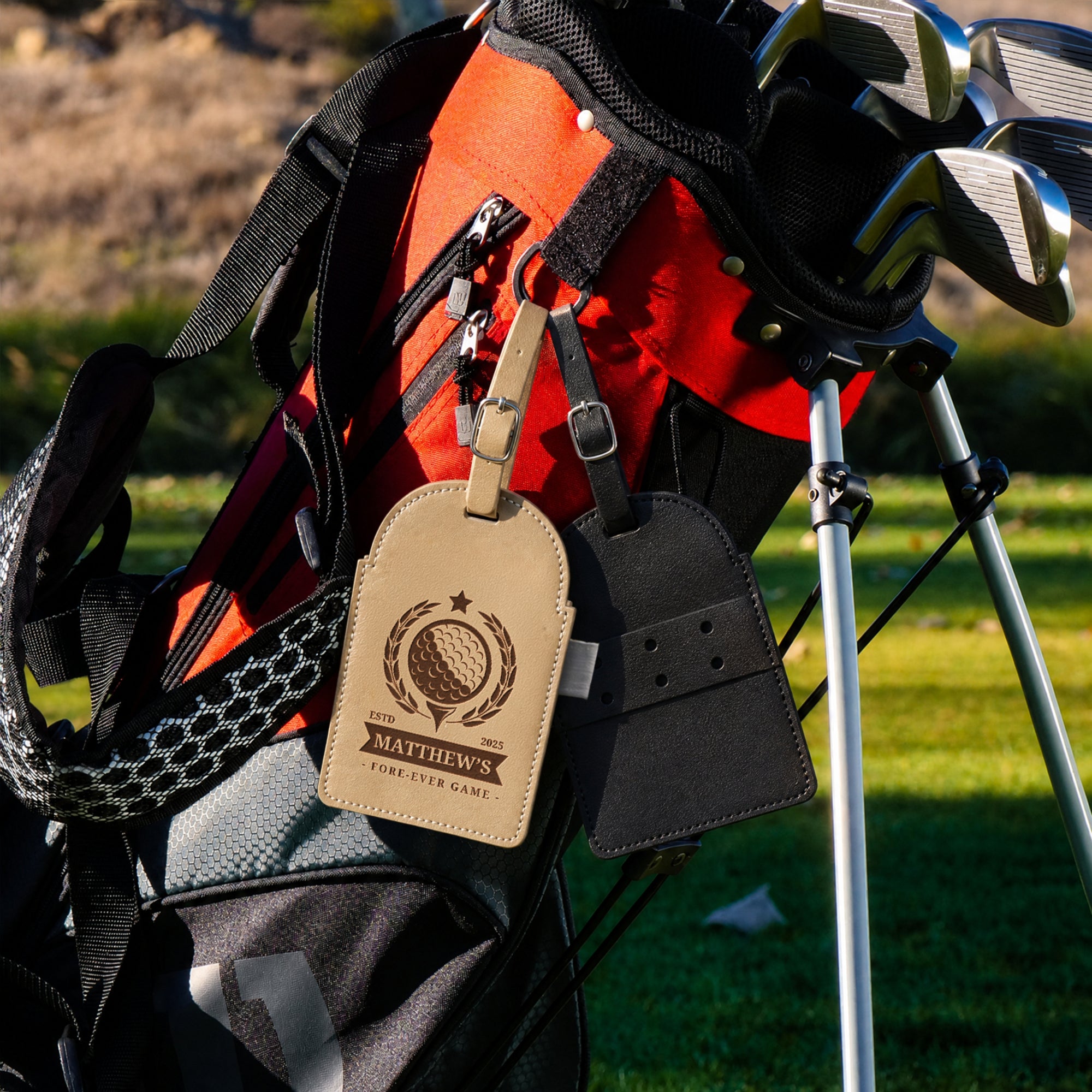 Personalised Golf Tee Holder Bag Tag, Custom Engraved Leatherette Golf Accessory, Groomsmen, Dad, Wedding, Xmas Business Logo Corporate Gift