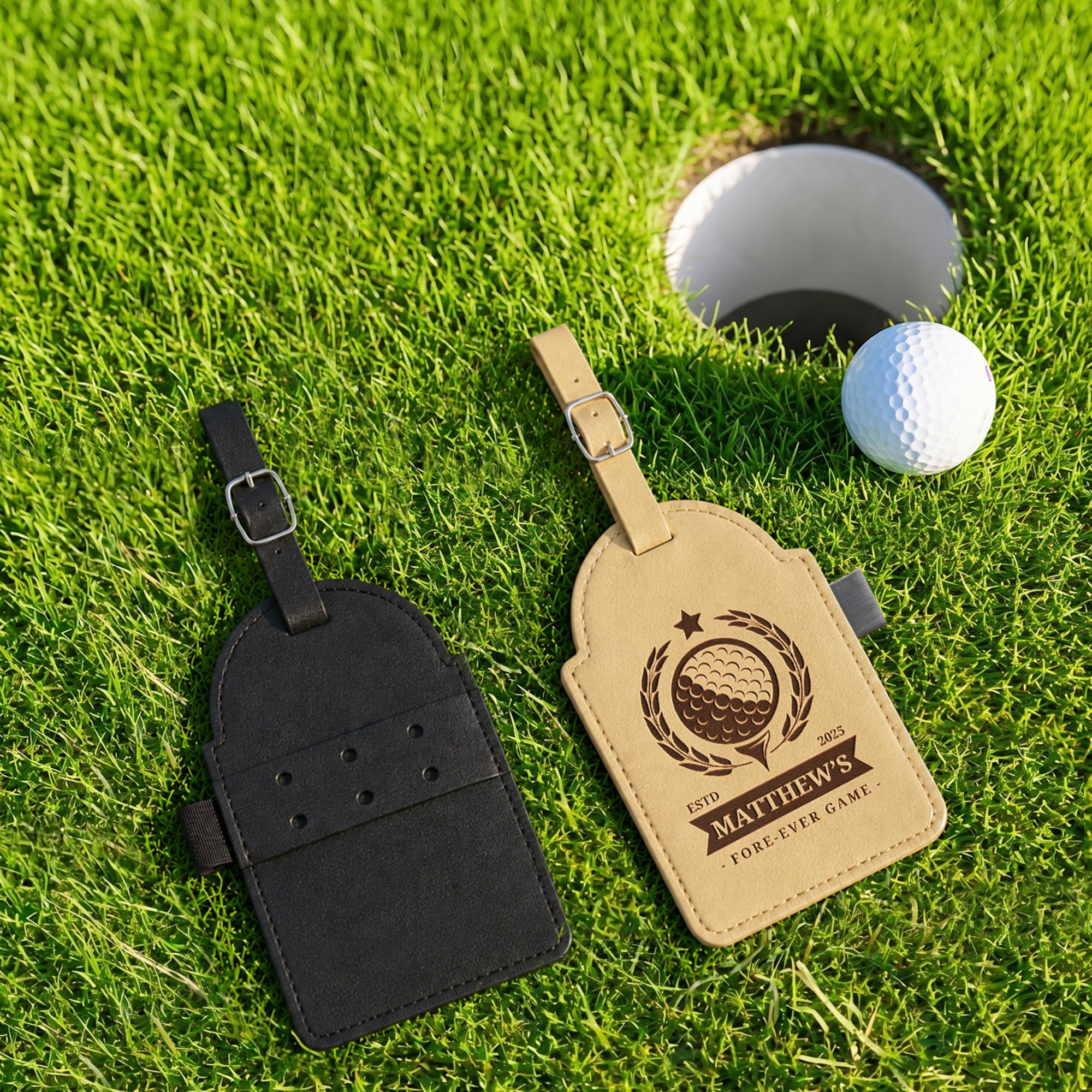Personalised Golf Tee Holder Bag Tag, Custom Engraved Leatherette Golf Accessory, Groomsmen, Dad, Wedding, Xmas Business Logo Corporate Gift