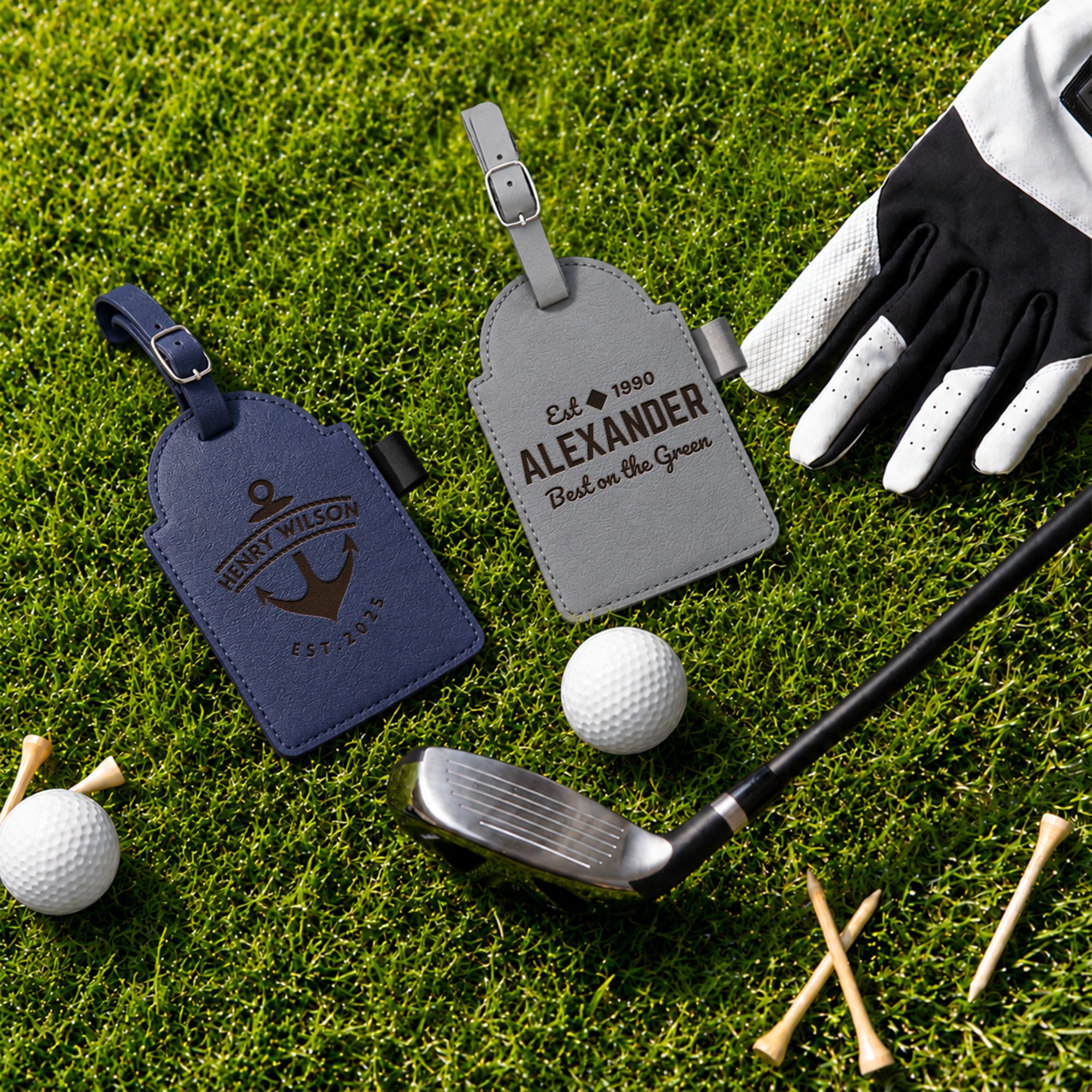Personalised Golf Tee Holder Bag Tag, Custom Engraved Leatherette Golf Accessory, Groomsmen, Dad, Wedding, Xmas Business Logo Corporate Gift