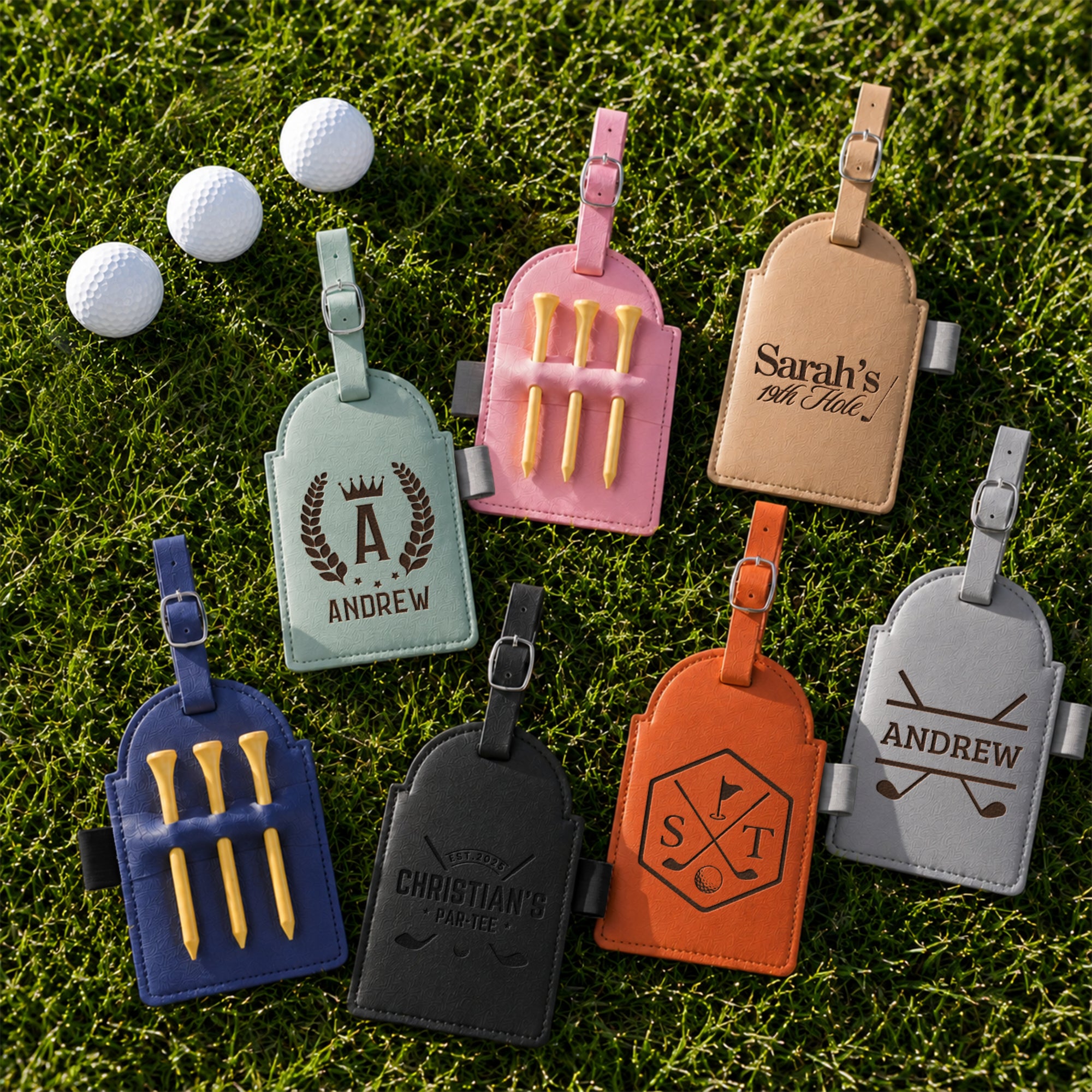 Personalised Golf Tee Holder Bag Tag, Custom Engraved Leatherette Golf Accessory, Groomsmen, Dad, Wedding, Xmas Business Logo Corporate Gift