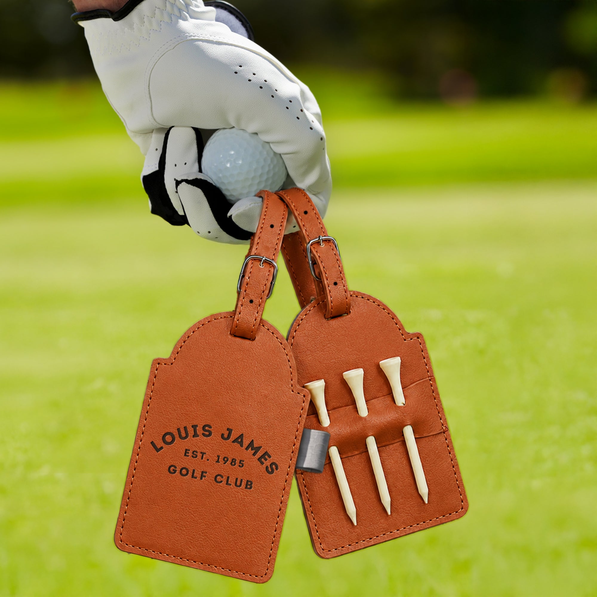 Personalised Golf Tee Holder Bag Tag, Custom Engraved Leatherette Golf Accessory, Groomsmen, Dad, Wedding, Xmas Business Logo Corporate Gift