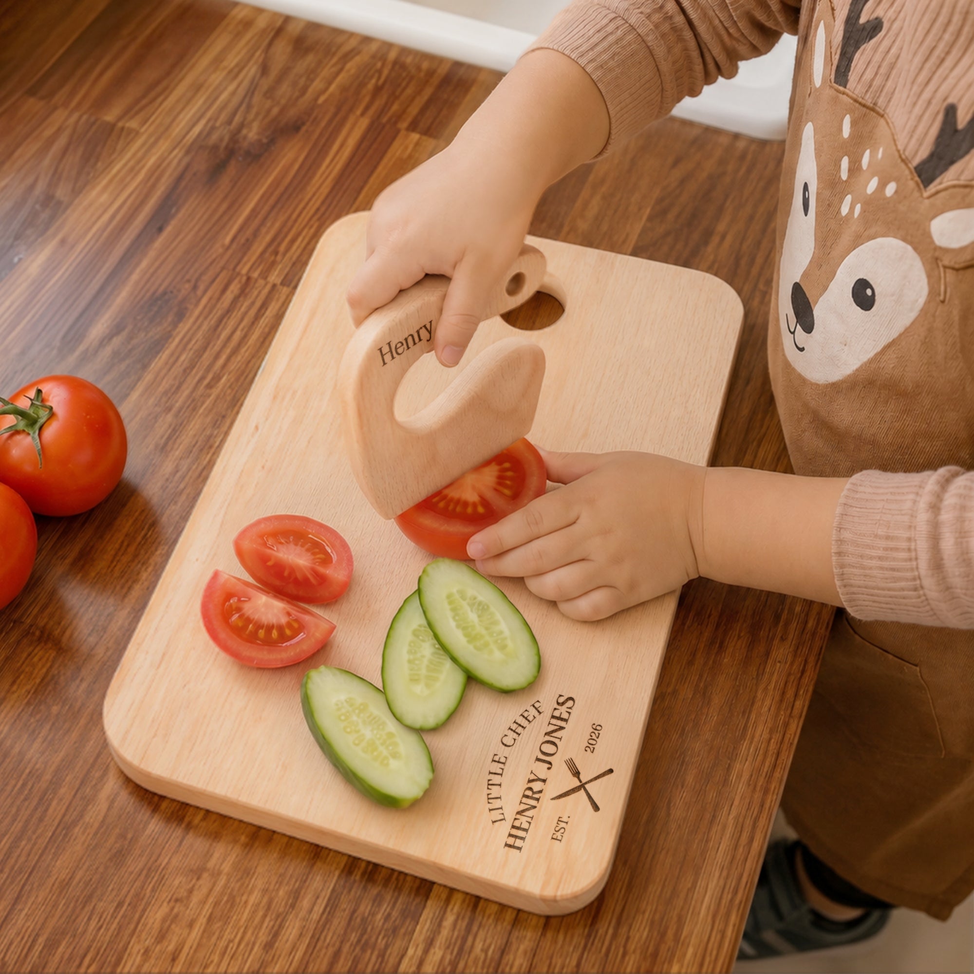 Personalised Kid Wooden Kitchen Cooking Tool Set & Cutting Board, Custom Engraved Junior Chef Children Learning Toy Baby First Birthday Gift