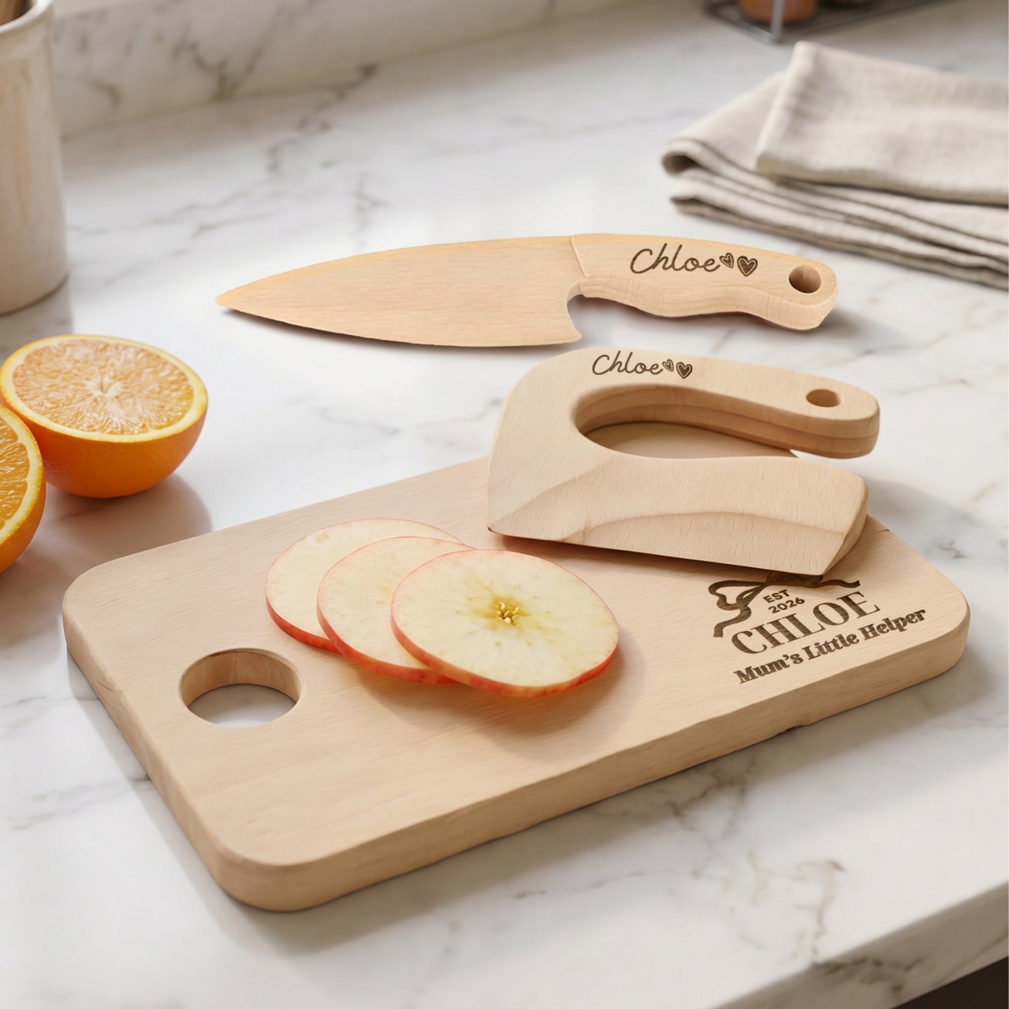 Personalised Kid Wooden Kitchen Cooking Tool Set &amp; Cutting Board, Custom Engraved Junior Chef Children Learning Toy Baby First Birthday Gift