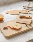 Personalised Kid Wooden Kitchen Cooking Tool Set & Cutting Board, Custom Engraved Junior Chef Children Learning Toy Baby First Birthday Gift