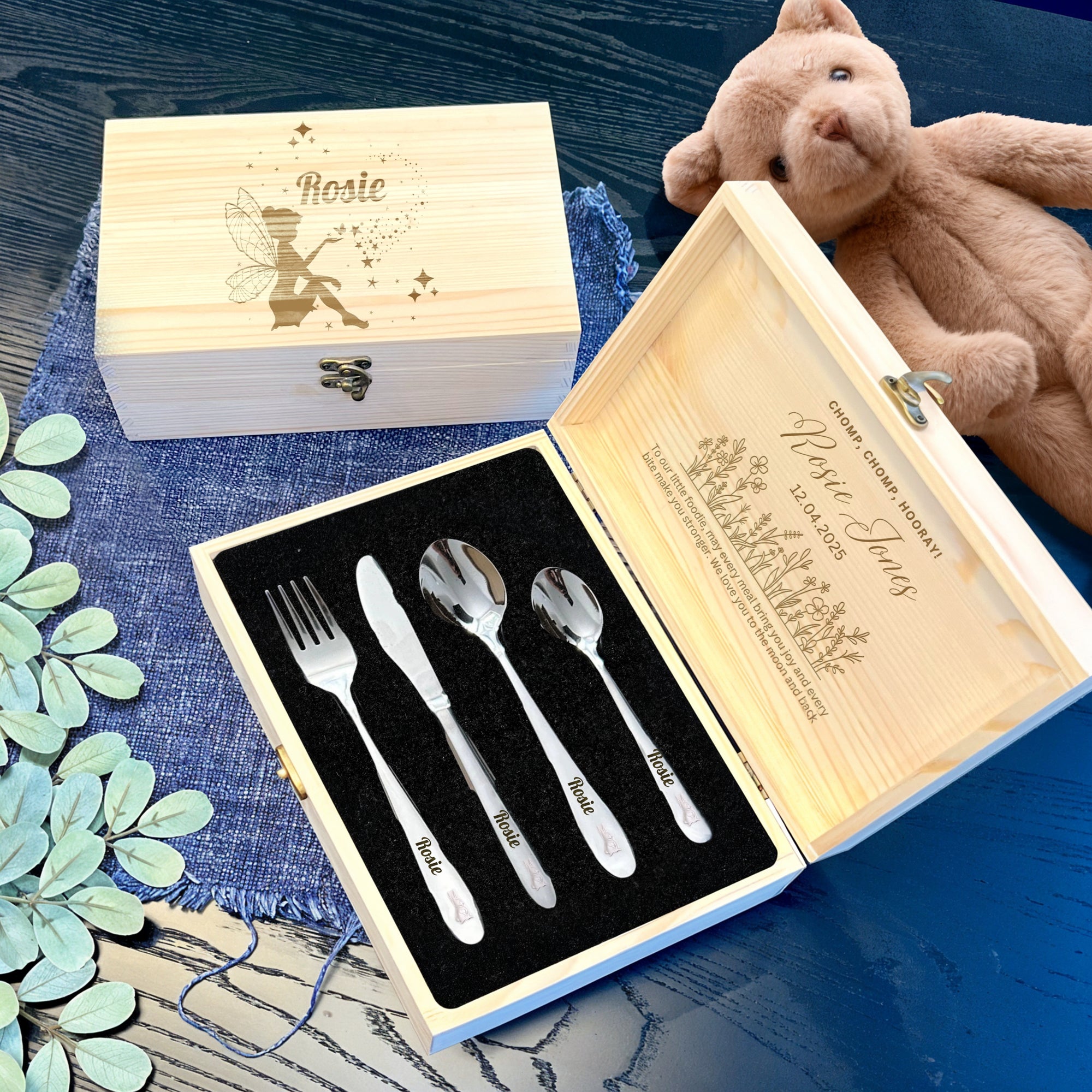 Personalised Kid&#39;s Cutlery 4 Piece &amp; Wooden Gifted Box Set, Custom Engraved Children Name Utensils, First Birthday, Christening Baptism Gift