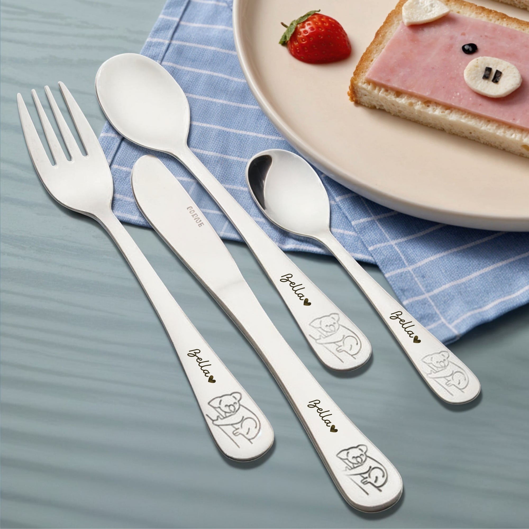 Personalised Kid&#39;s Cutlery 4 Piece &amp; Wooden Gifted Box Set, Custom Engraved Children Name Utensils, First Birthday, Christening Baptism Gift