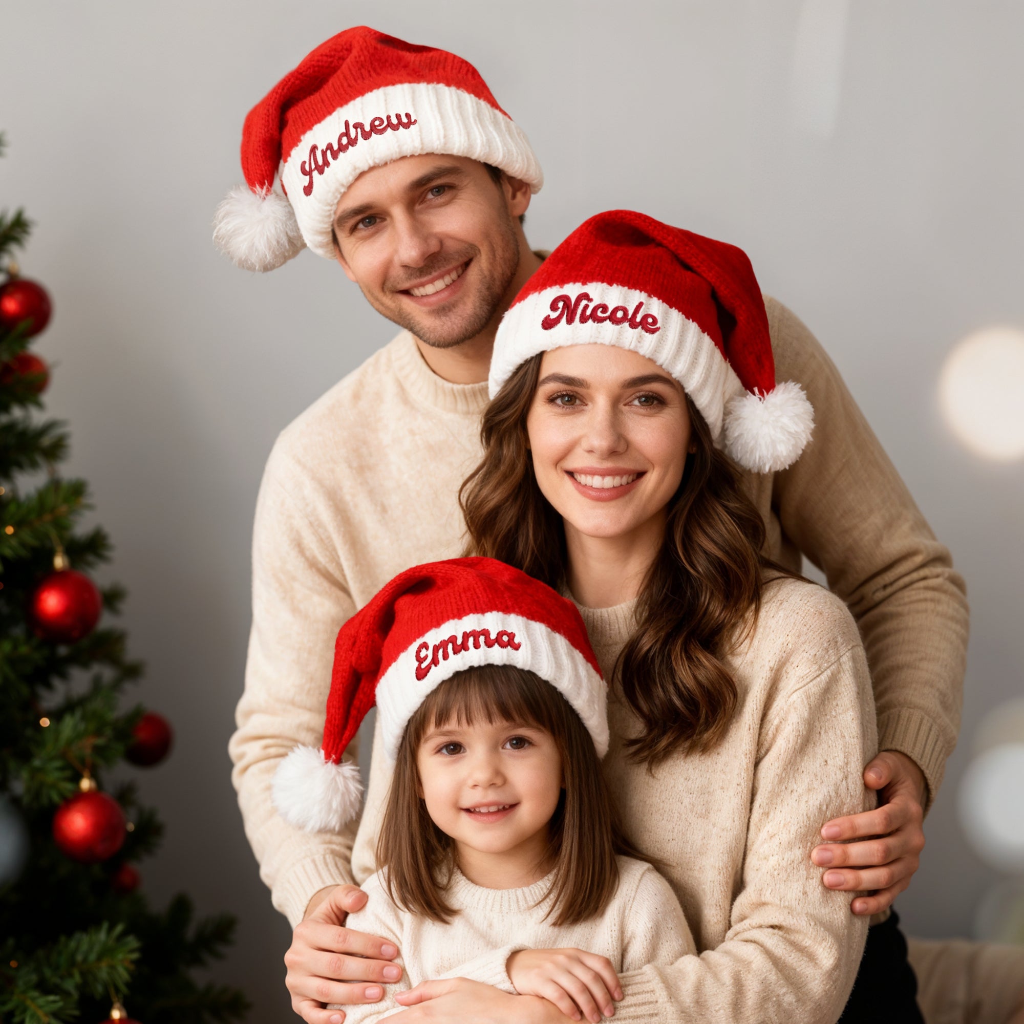 Personalised Kids & Adults Knitted Christmas Hat, Custom Embroidered Name Santa Hat, Family Xmas Hats with Pompom Festive Decor Holiday Gift