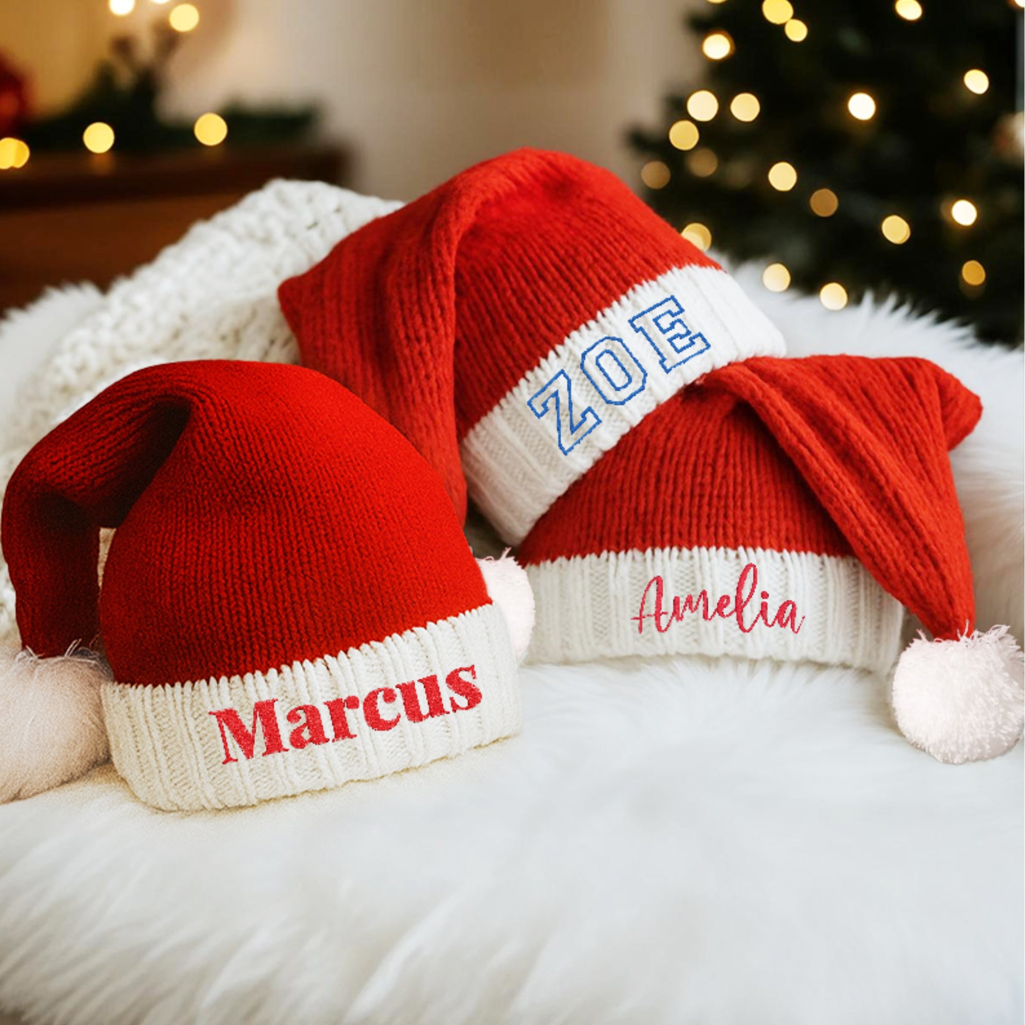 Personalised Kids &amp; Adults Knitted Christmas Hat, Custom Embroidered Name Santa Hat, Family Xmas Hats with Pompom Festive Decor Holiday Gift