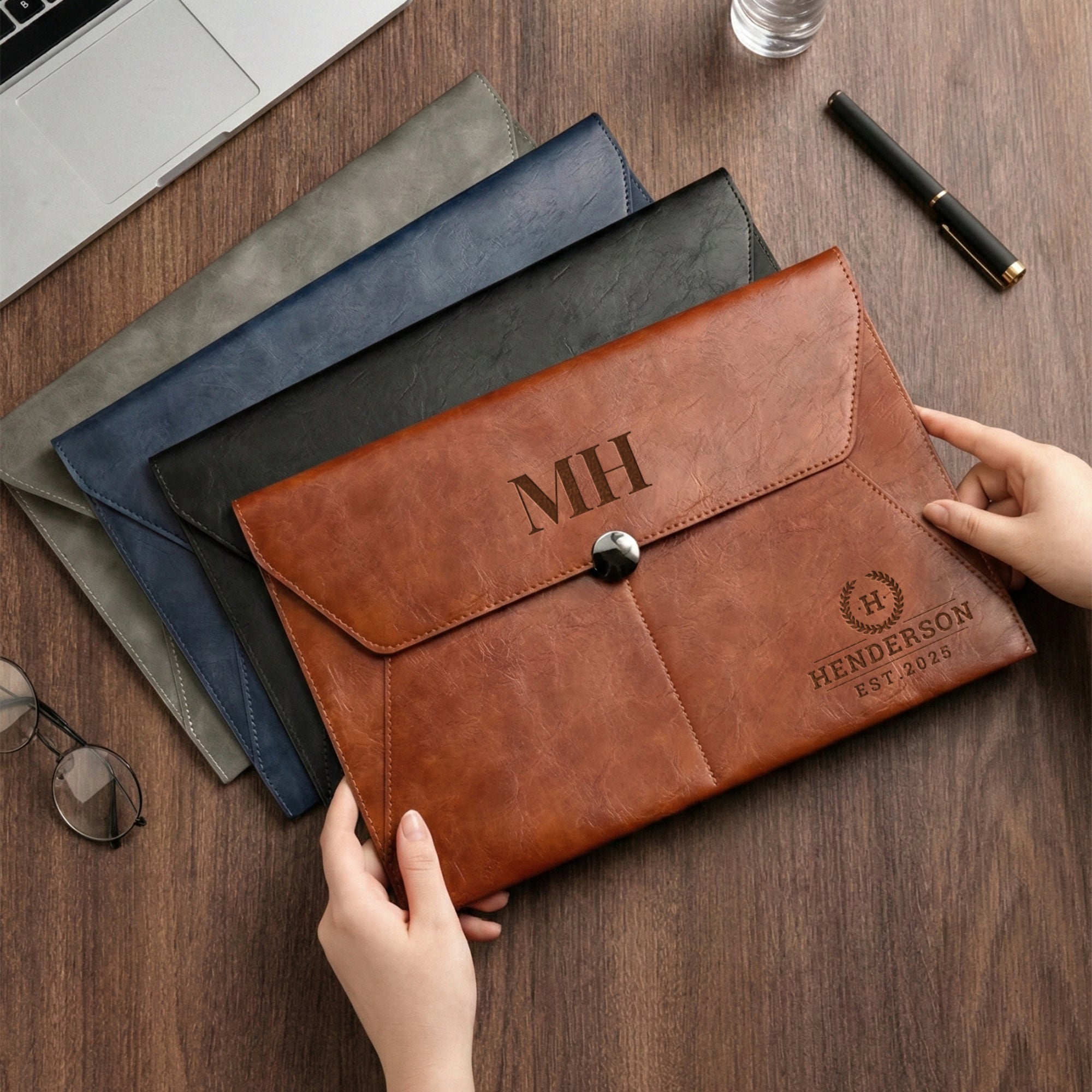Personalised Leatherette A4 Document Bag, Custom Engraved Logo Envelope Pouch, Travel Paper Folder Case, Teacher, Office Business, Dad Gift