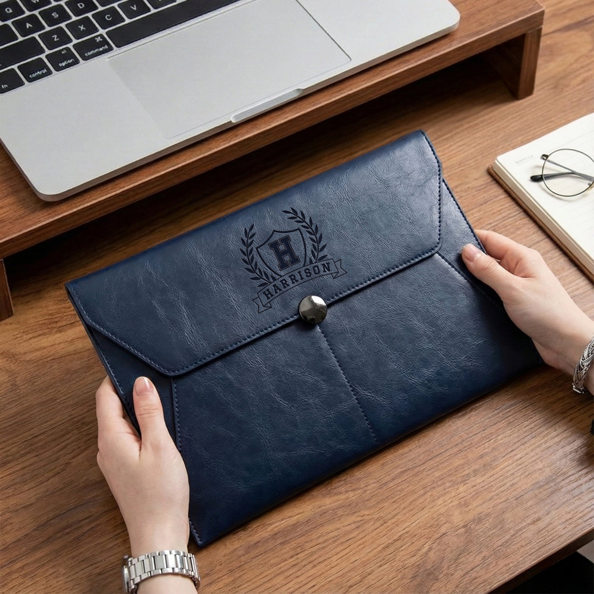 Personalised Leatherette A4 Document Bag, Custom Engraved Logo Envelope Pouch, Travel Paper Folder Case, Teacher, Office Business, Dad Gift