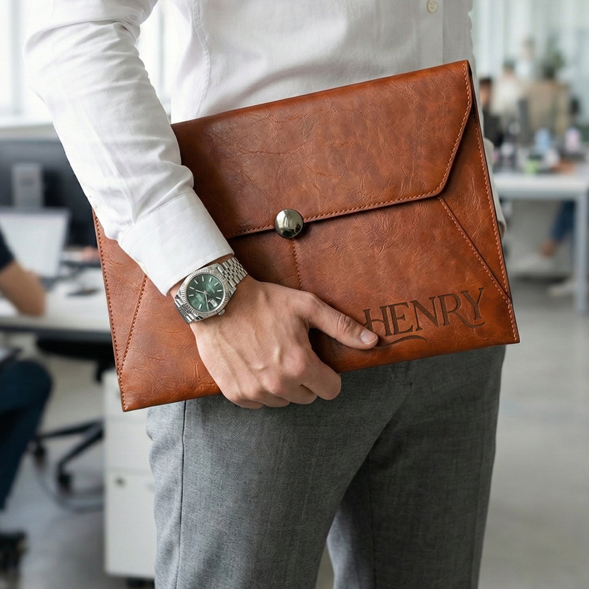 Personalised Leatherette A4 Document Bag, Custom Engraved Logo Envelope Pouch, Travel Paper Folder Case, Teacher, Office Business, Dad Gift