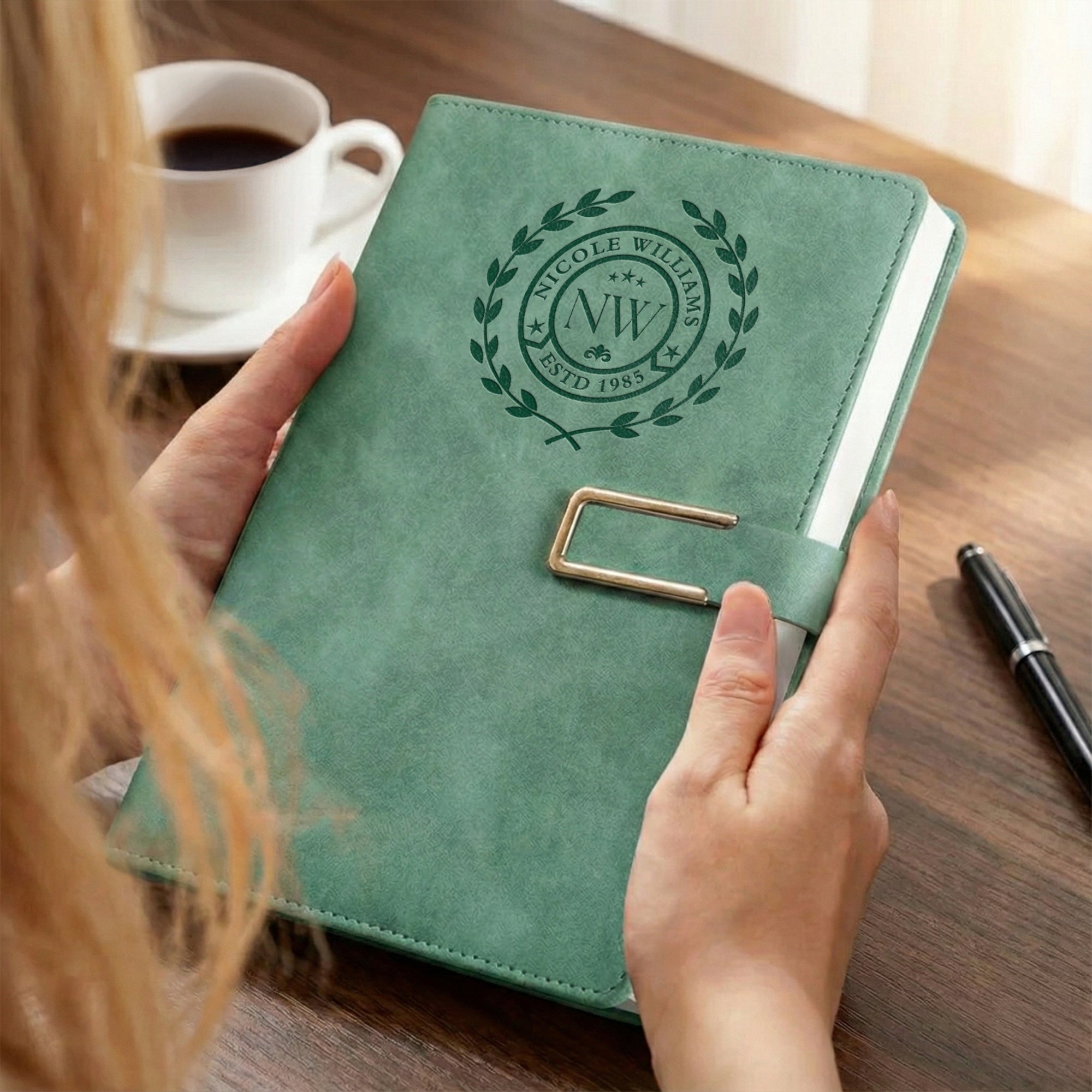 Personalised Leatherette A5 Notebook & Pen Holder, Custom Engraved Name 200 Page Business Journal, Magnetic Closure, Teacher, Corporate Gift