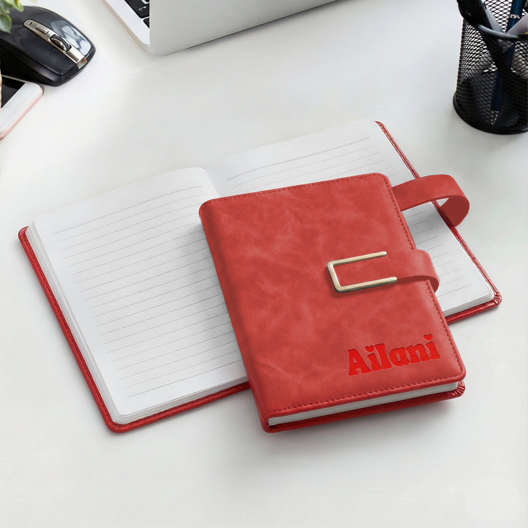 Personalised Leatherette A5 Notebook & Pen Holder, Custom Engraved Name 200 Page Business Journal, Magnetic Closure, Teacher, Corporate Gift