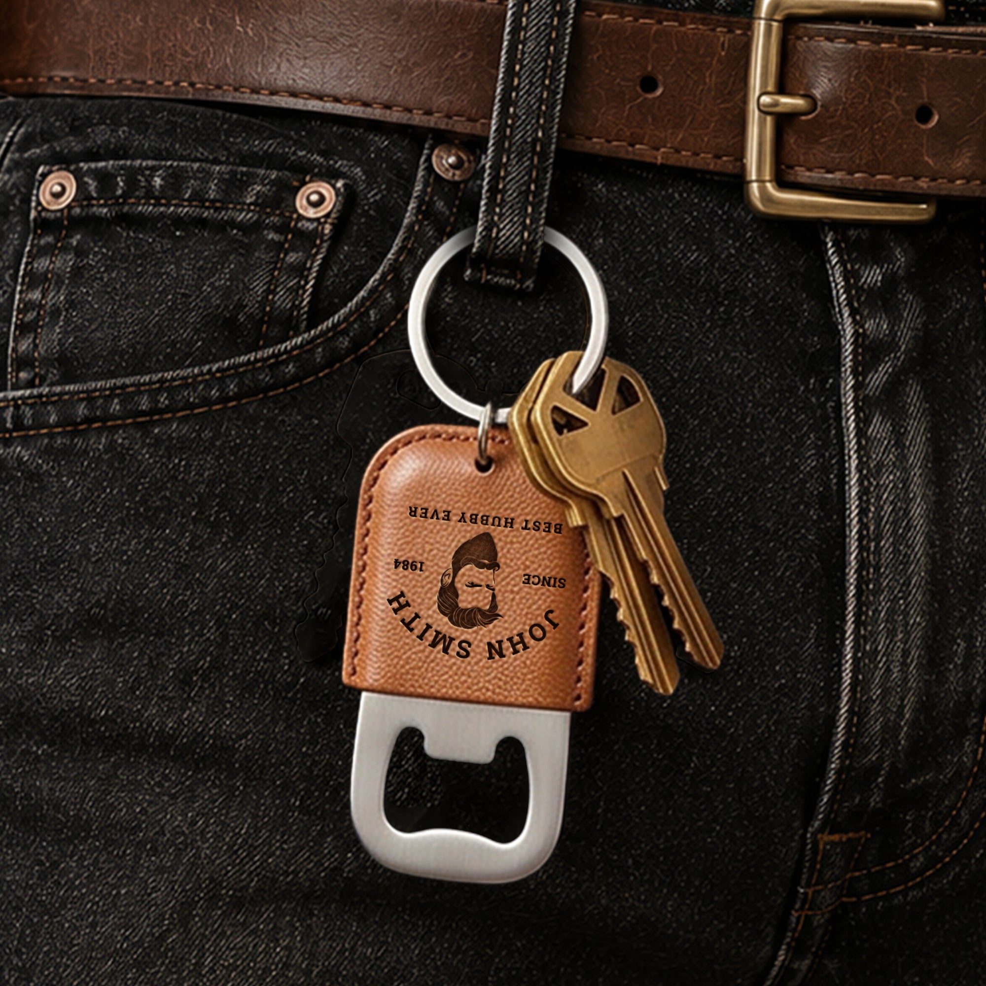 Personalised Leatherette Covered Bottle Opener Keyring, Custom Engraved Beer Popper Keychain, Groomsmen Wedding Favours, Dad, Corporate Gift