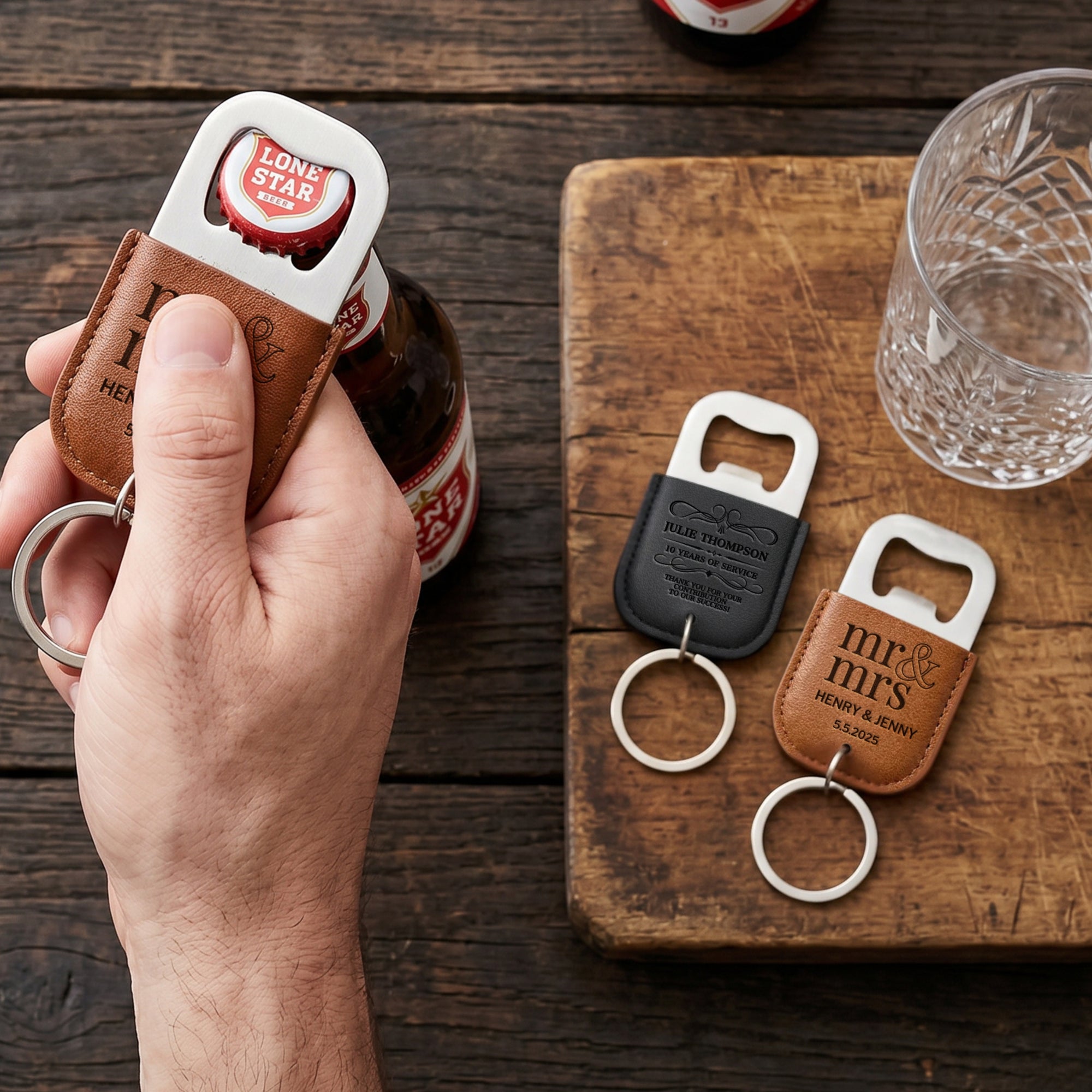 Personalised Leatherette Covered Bottle Opener Keyring, Custom Engraved Beer Popper Keychain, Groomsmen Wedding Favours, Dad, Corporate Gift