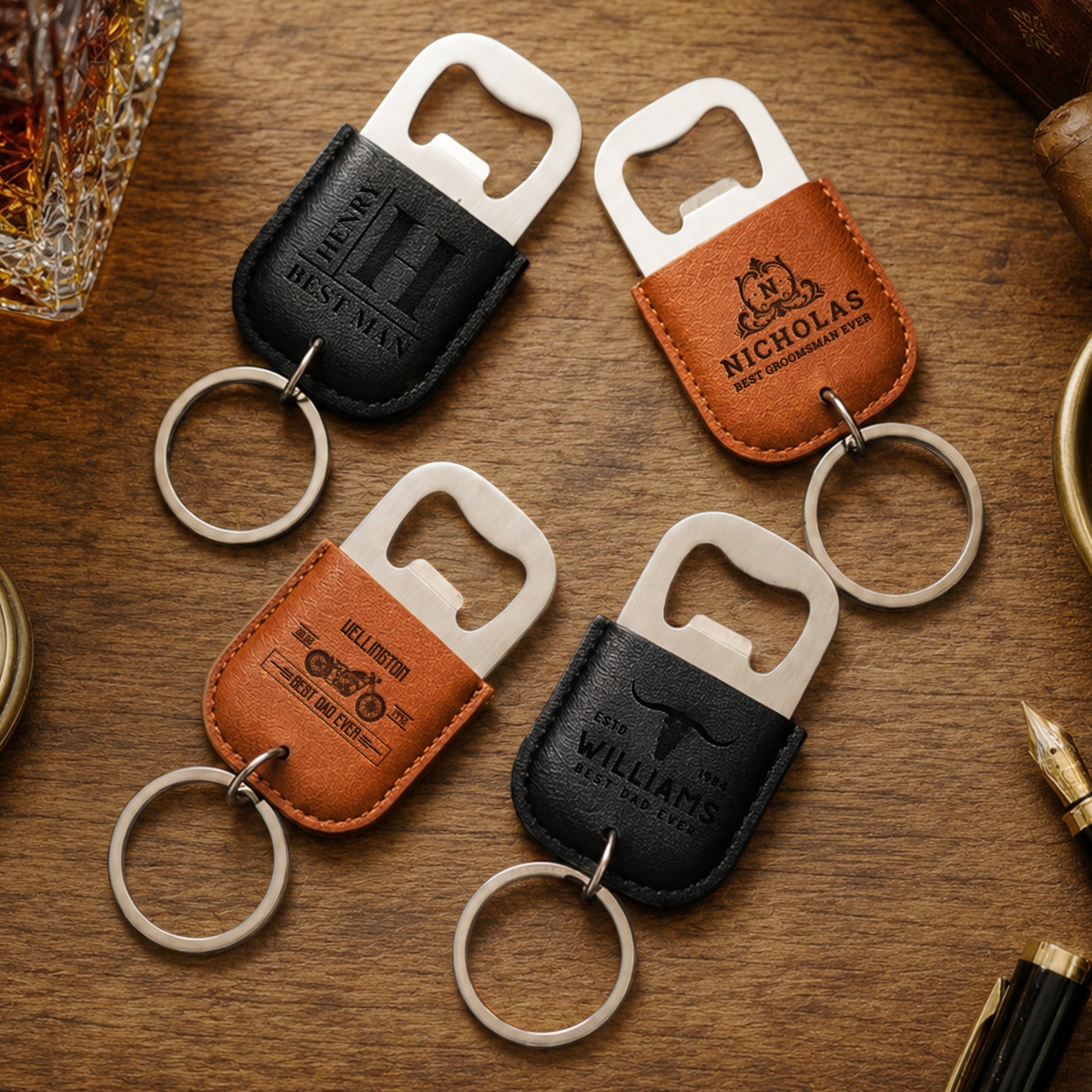 Personalised Leatherette Covered Bottle Opener Keyring, Custom Engraved Beer Popper Keychain, Groomsmen Wedding Favours, Dad, Corporate Gift