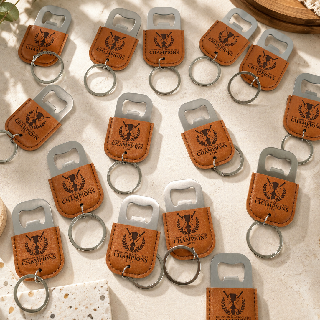 Personalised Leatherette Covered Bottle Opener Keyring, Custom Engraved Beer Popper Keychain, Groomsmen Wedding Favours, Dad, Corporate Gift