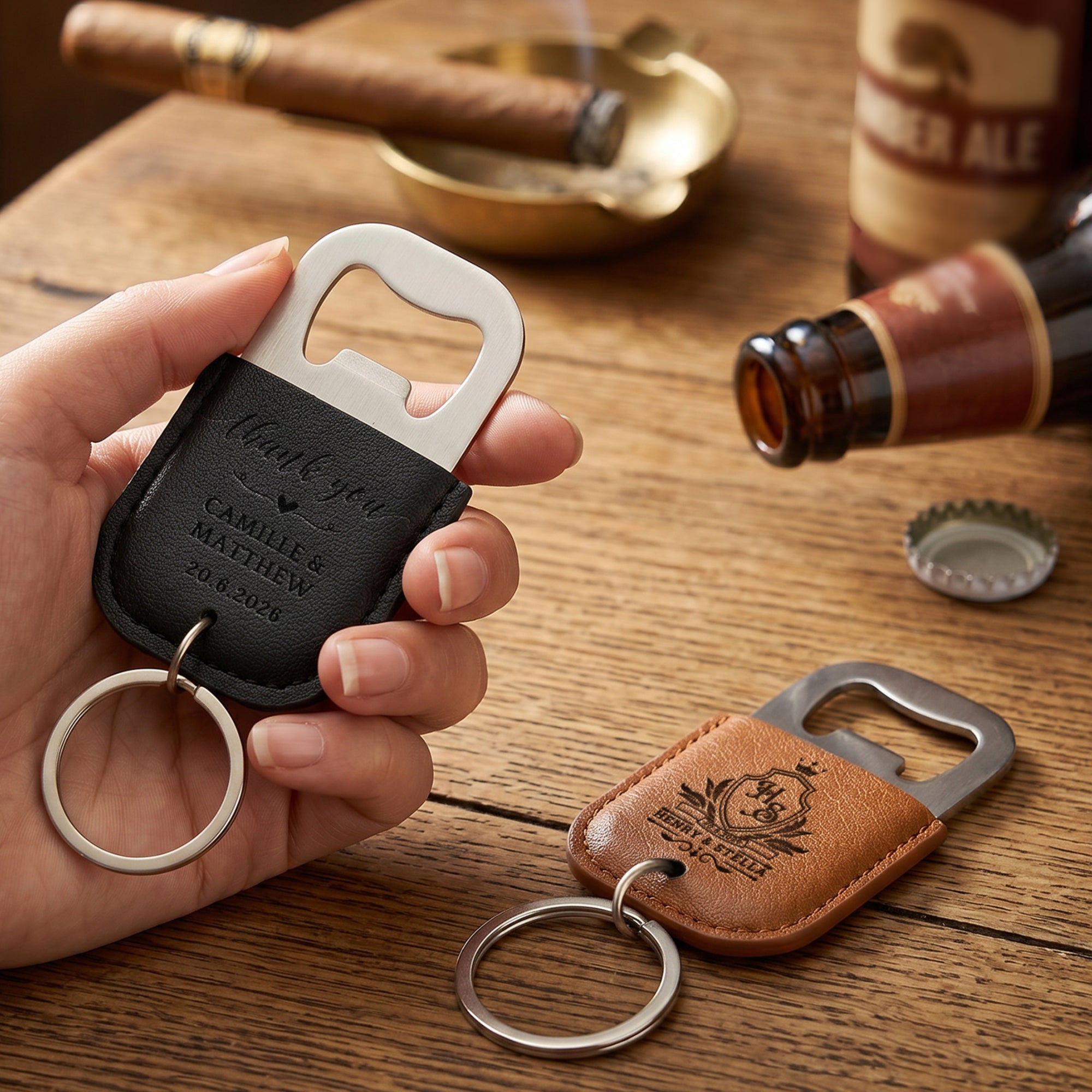 Personalised Leatherette Covered Bottle Opener Keyring, Custom Engraved Beer Popper Keychain, Groomsmen Wedding Favours, Dad, Corporate Gift