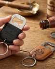 Personalised Leatherette Covered Bottle Opener Keyring, Custom Engraved Beer Popper Keychain, Groomsmen Wedding Favours, Dad, Corporate Gift