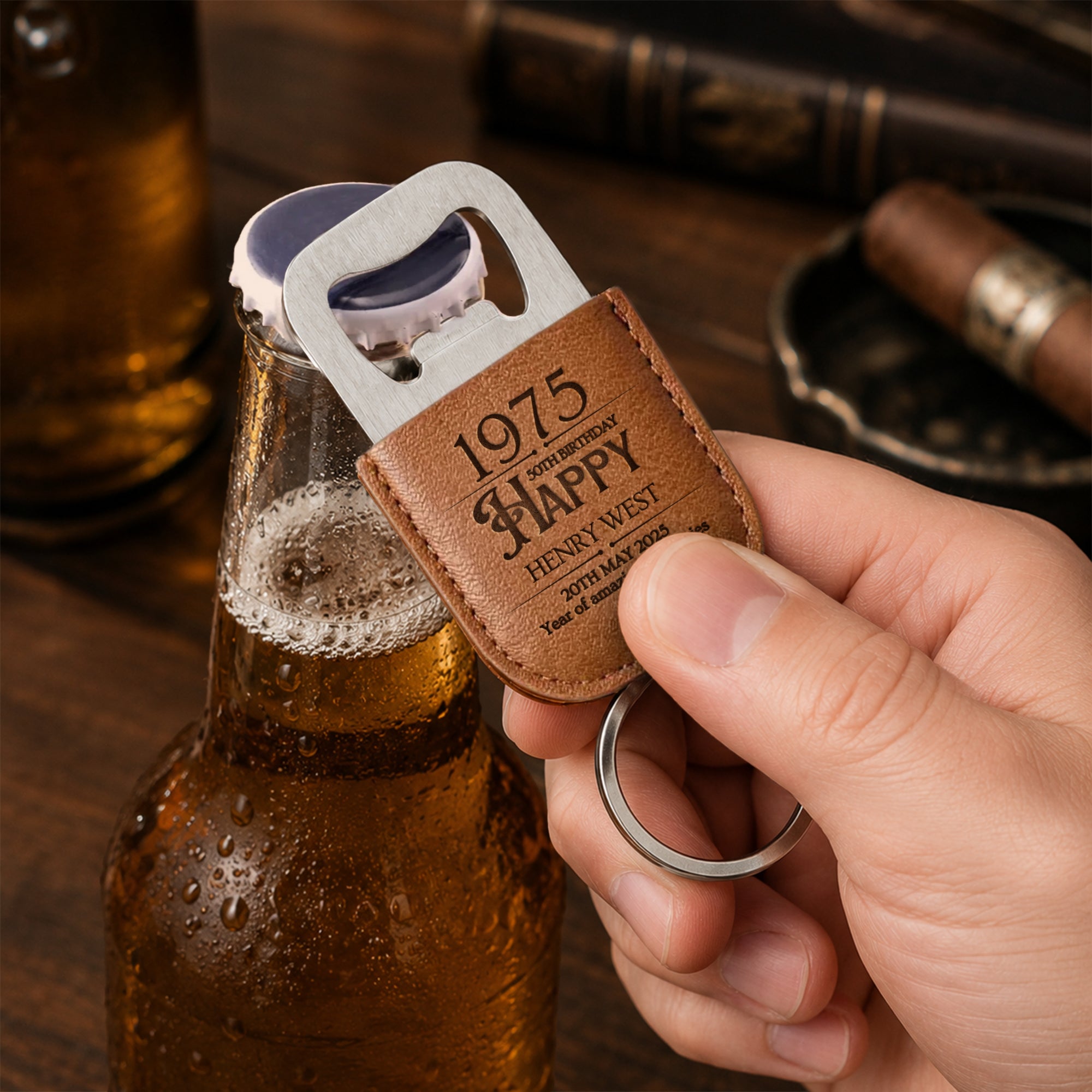 Personalised Leatherette Covered Bottle Opener Keyring, Custom Engraved Beer Popper Keychain, Groomsmen Wedding Favours, Dad, Corporate Gift