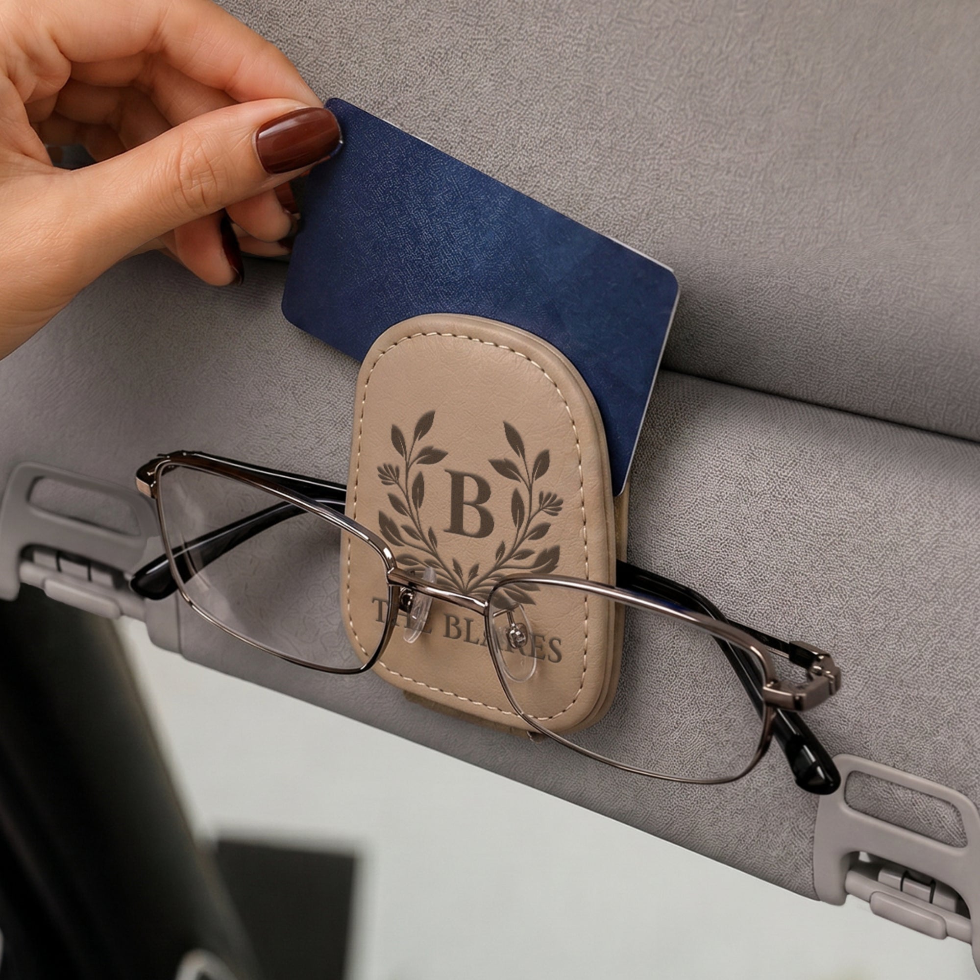Personalised Leatherette Magnetic Car Sunglasses Holder, Custom Engraved Visor Organiser, Logo Eyeglass Clip, Mom/ Dad, Xmas Corporate GIft