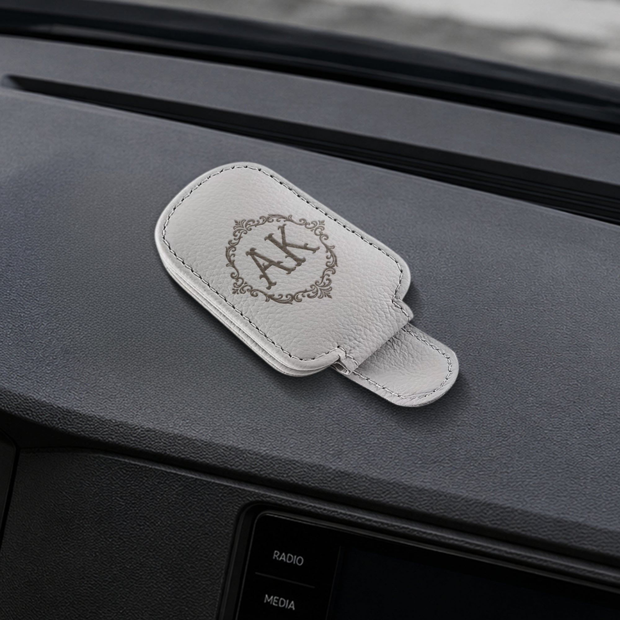 Personalised Leatherette Magnetic Car Sunglasses Holder, Custom Engraved Visor Organiser, Logo Eyeglass Clip, Mom/ Dad, Xmas Corporate GIft